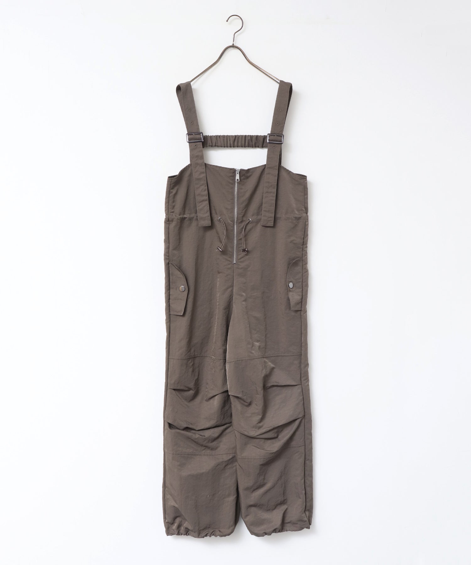 フロントジップ ウエストギャザー サロペット