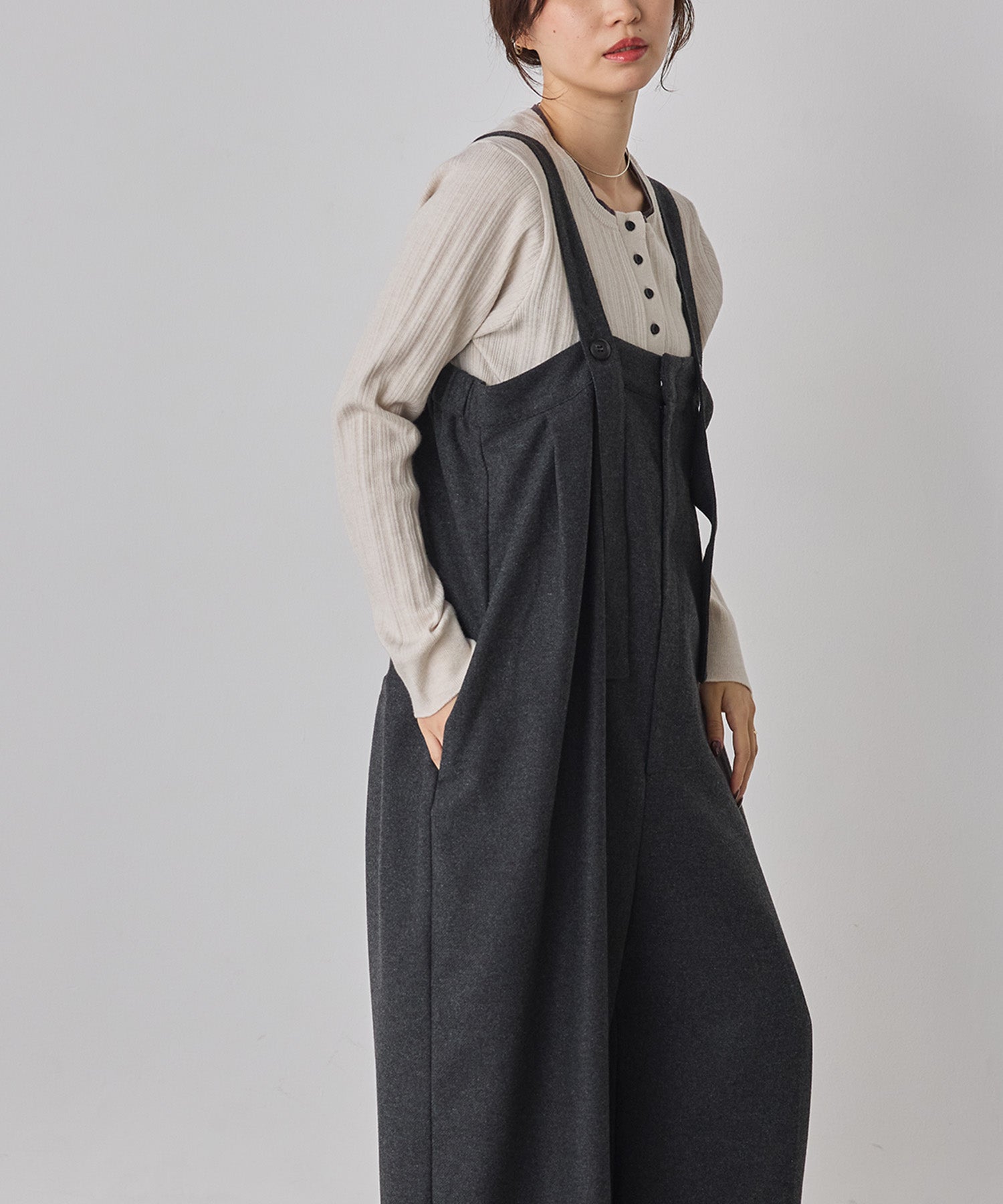 ウール混 ワイドサロペット