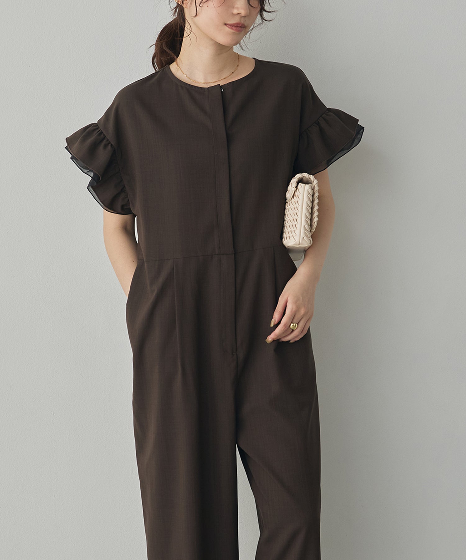 LINEN-LIKE RUFFLE-SLEEVE JUMPSUIT