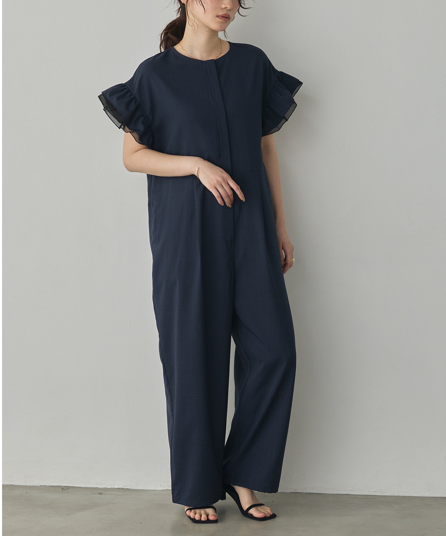 LINEN-LIKE RUFFLE-SLEEVE JUMPSUIT
