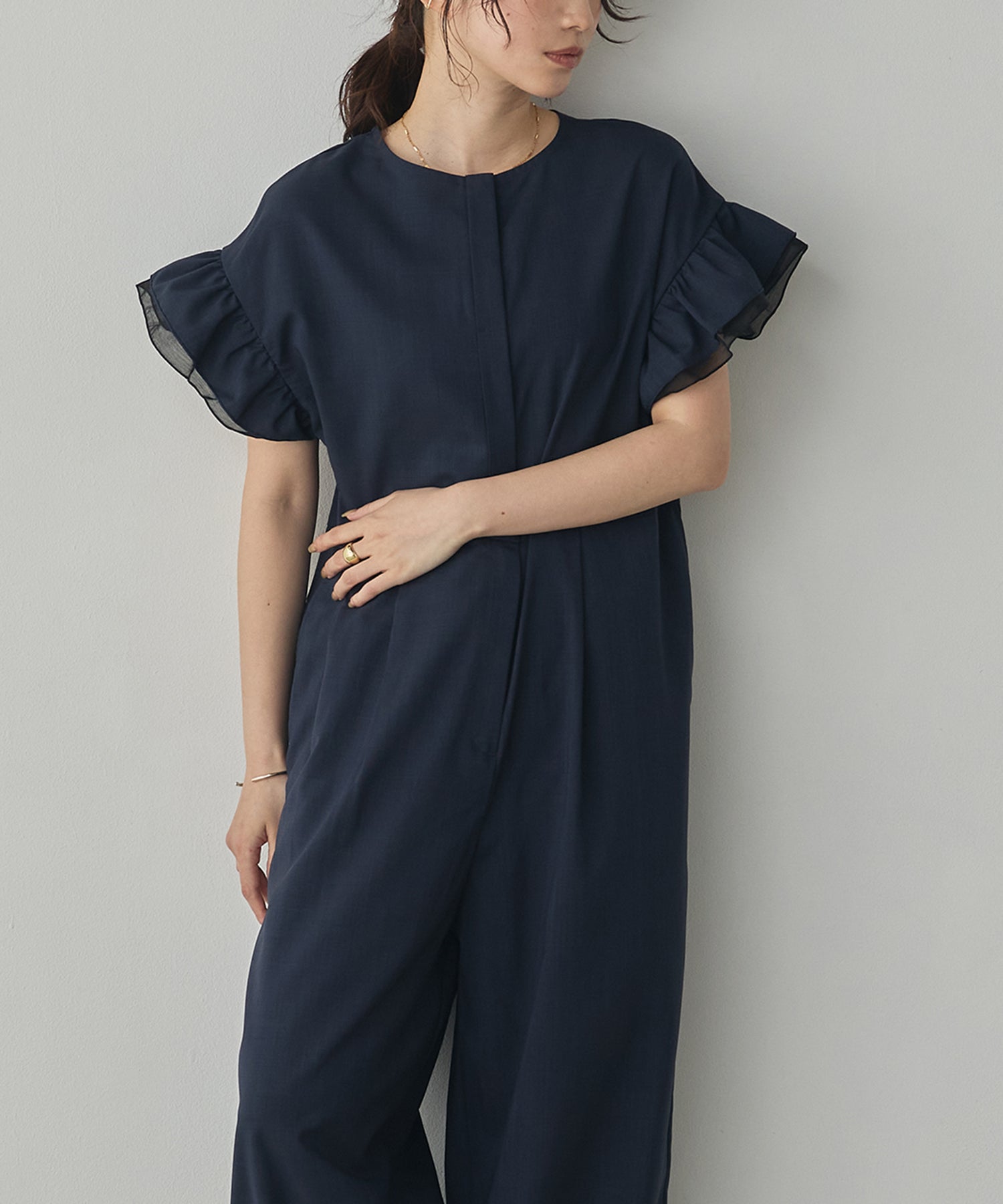 LINEN-LIKE RUFFLE-SLEEVE JUMPSUIT