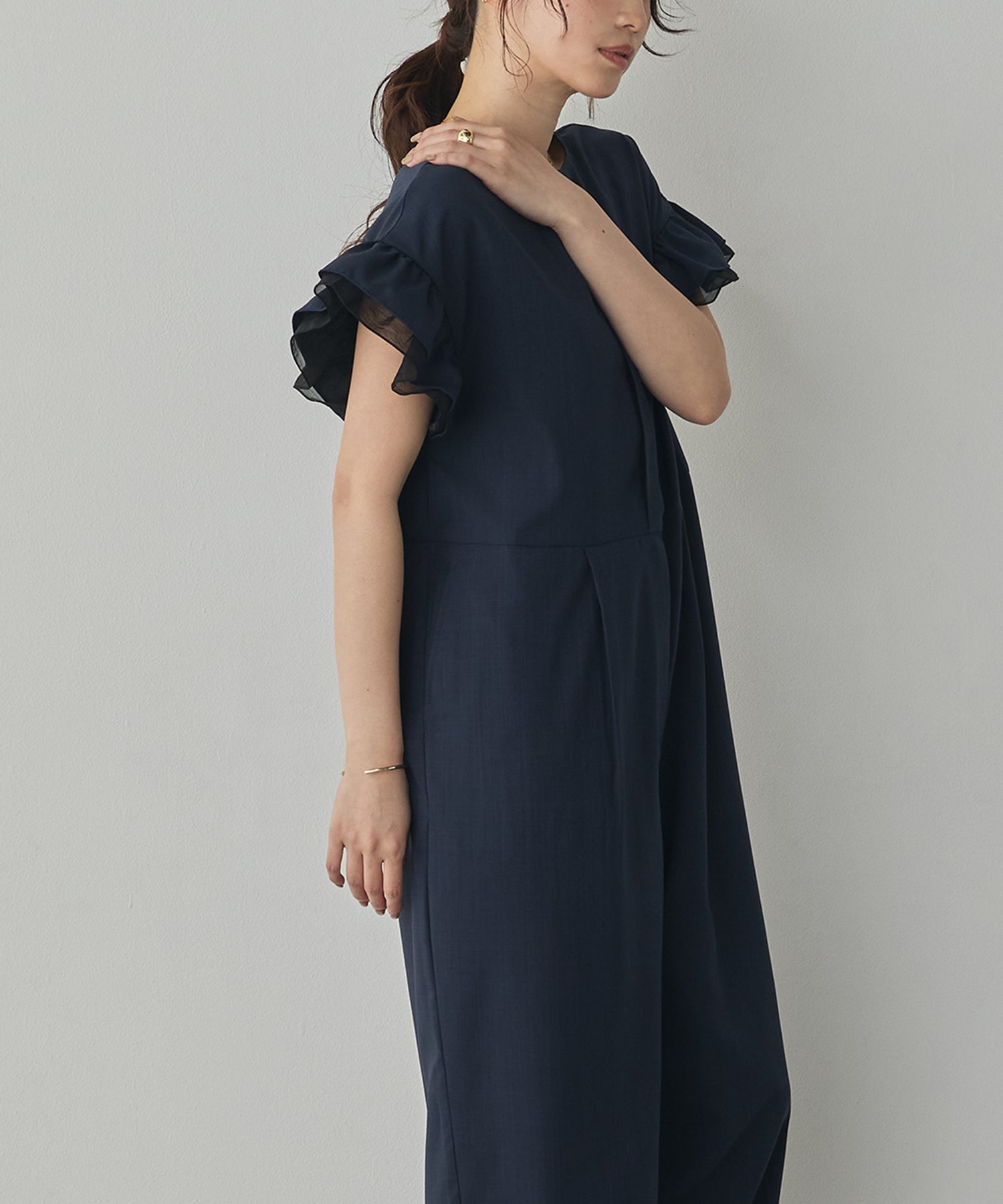 LINEN-LIKE RUFFLE-SLEEVE JUMPSUIT