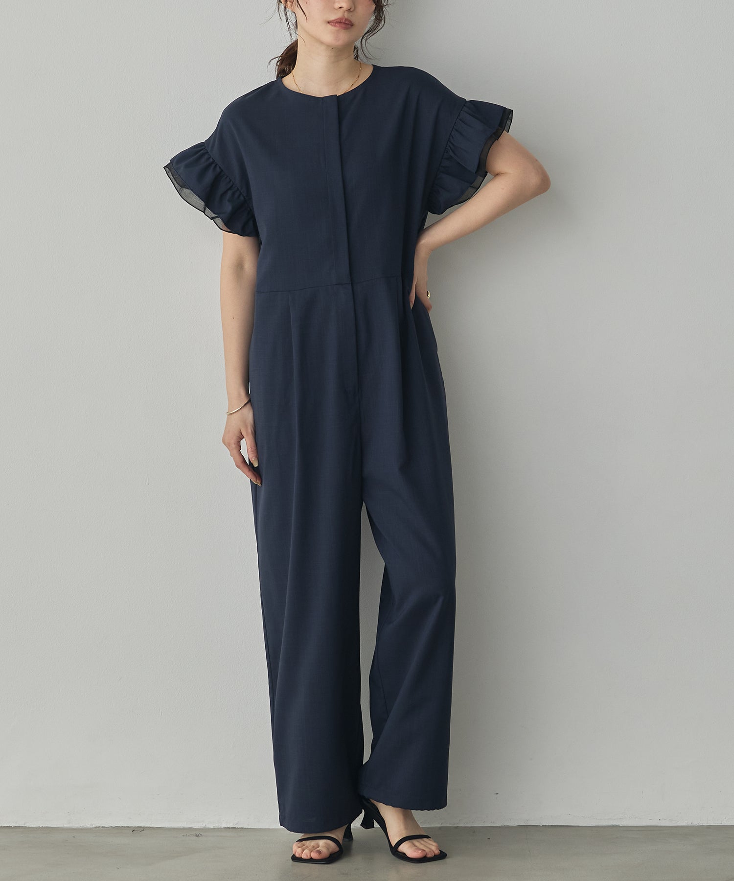 LINEN-LIKE RUFFLE-SLEEVE JUMPSUIT