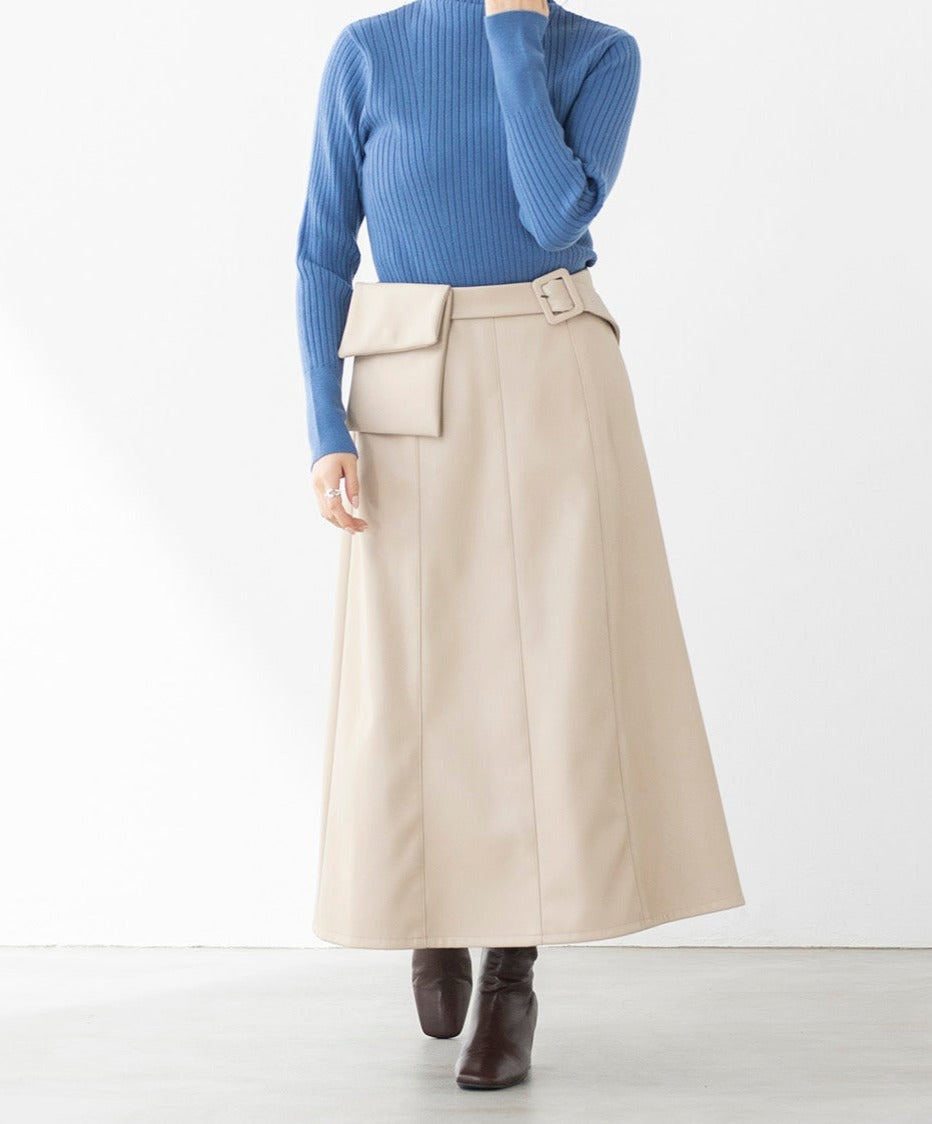 スカートライン フェイクレザー ミニバッグ付Aラインスカート