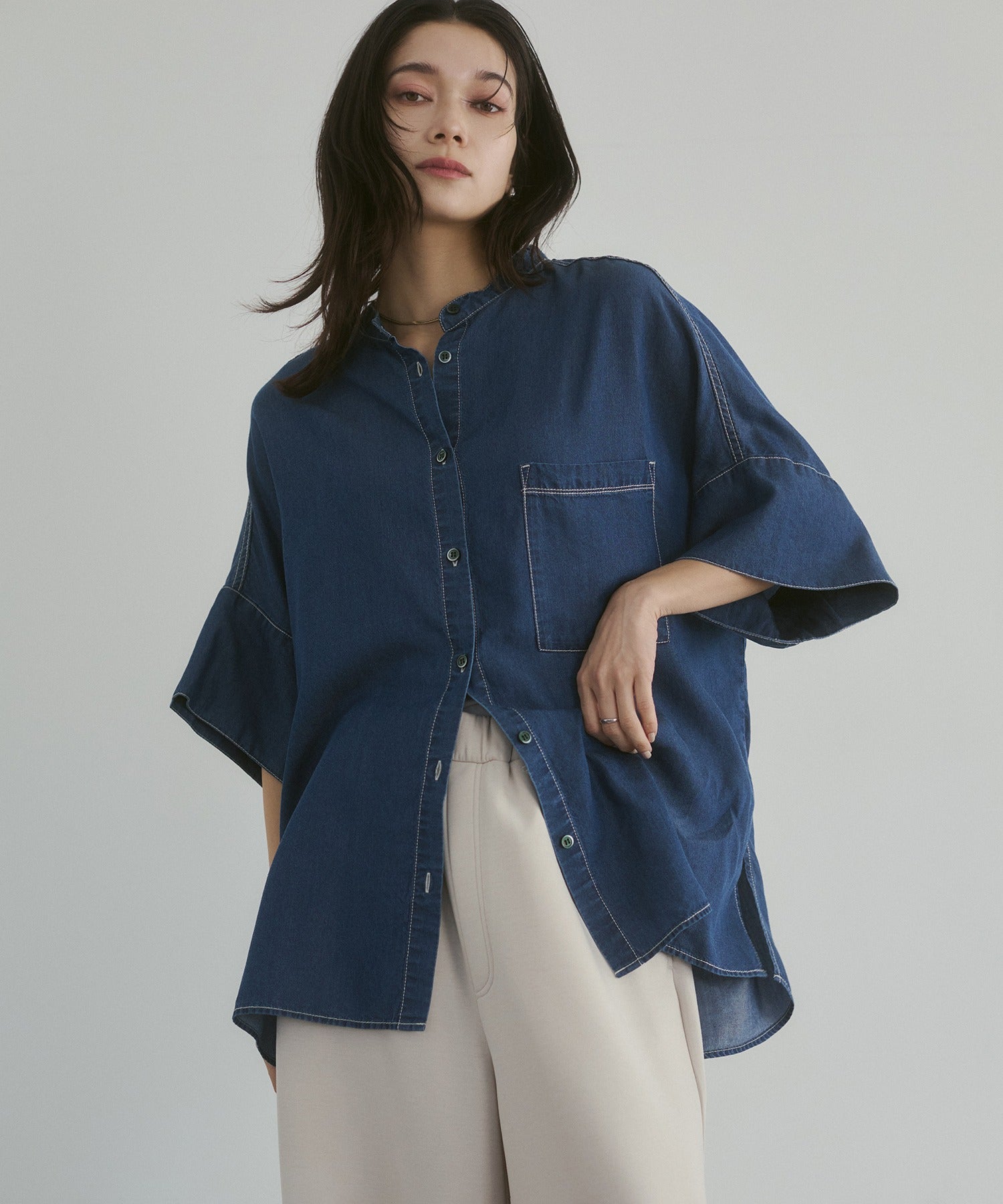 TENCEL DENIM HALF SLEEVE OVERSHIRT