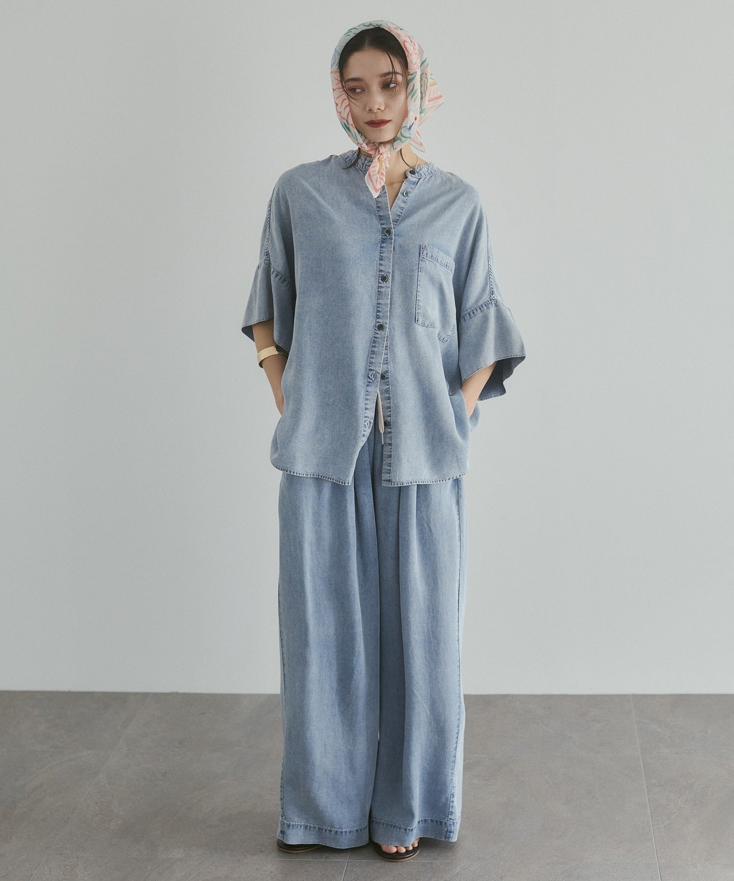 むん TENCEL DENIM HALF SLEEVE OVERSHIRT