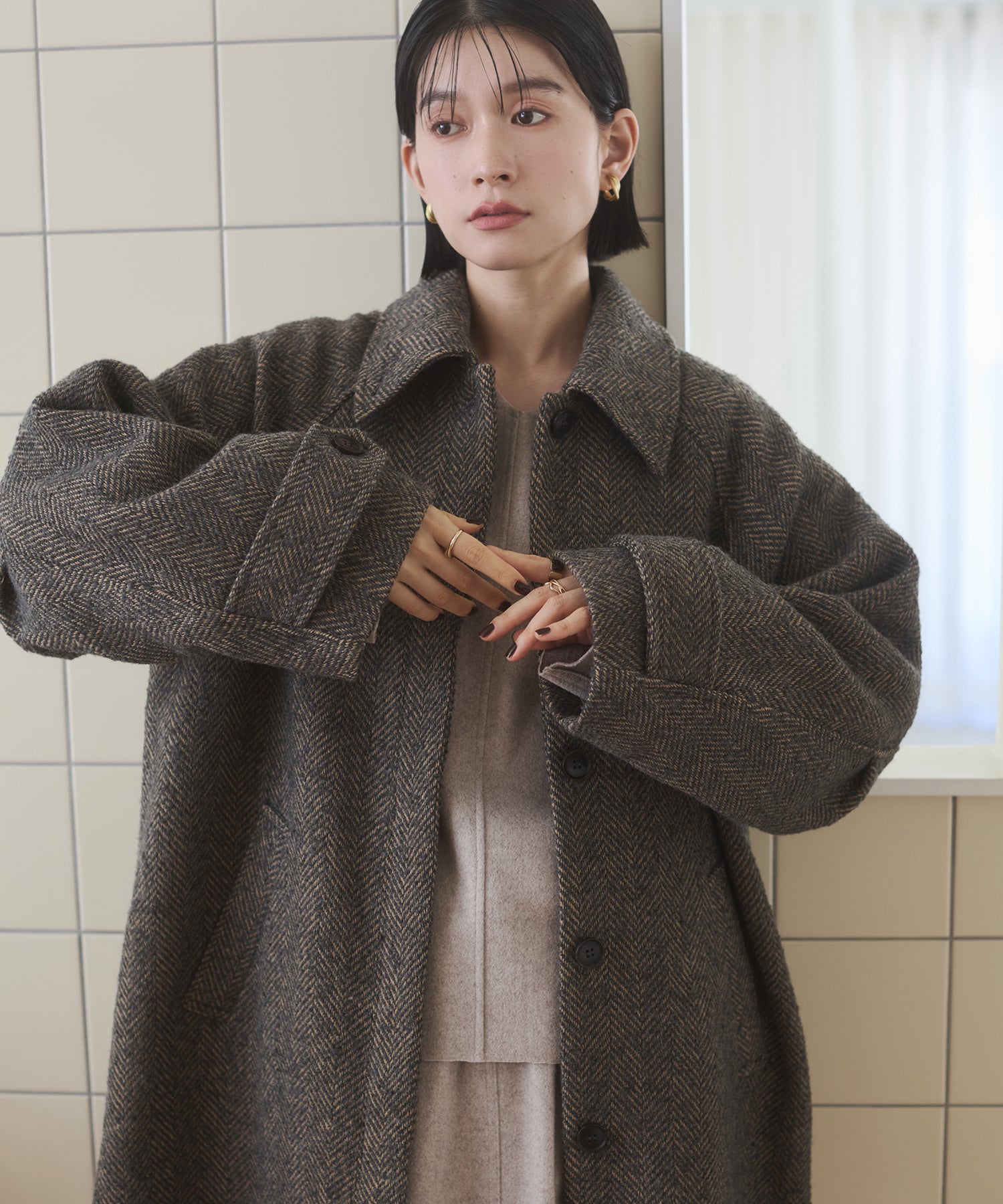 ヘリンボーン ステンカラーコート