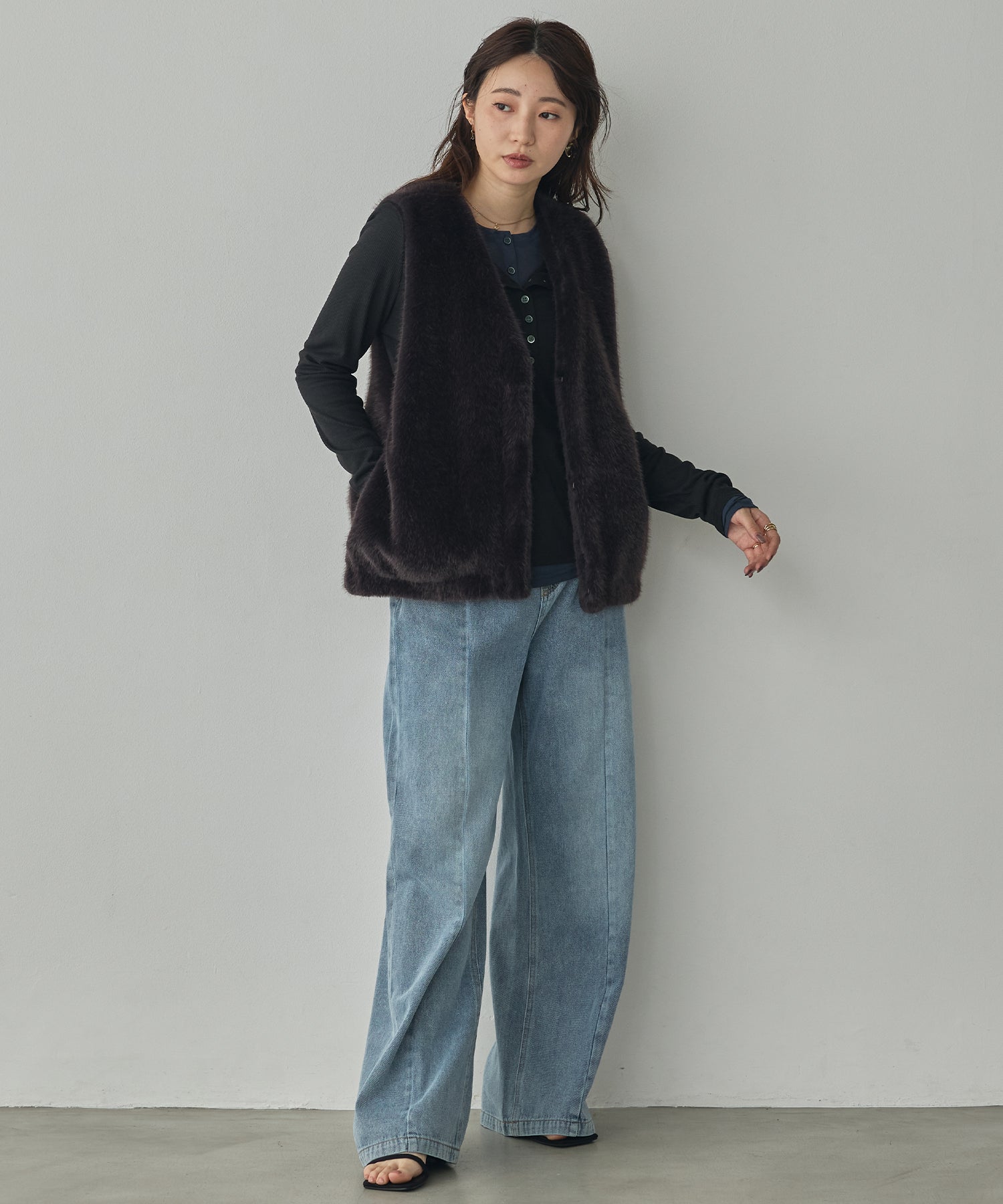 MIDI-LENGTH V-NECK FAUX FUR VEST