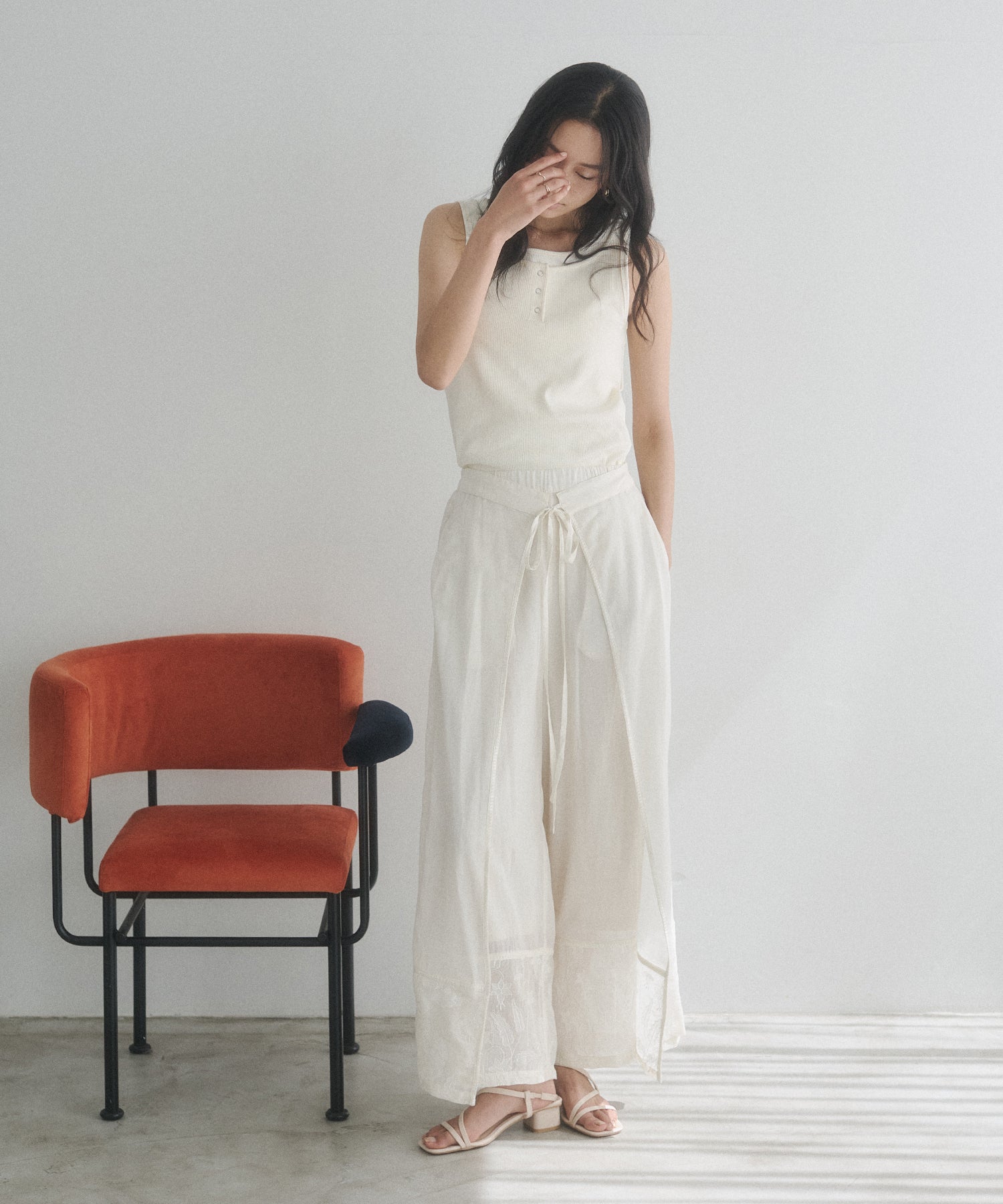 HEM-EMBROIDERED WRAP PANTS