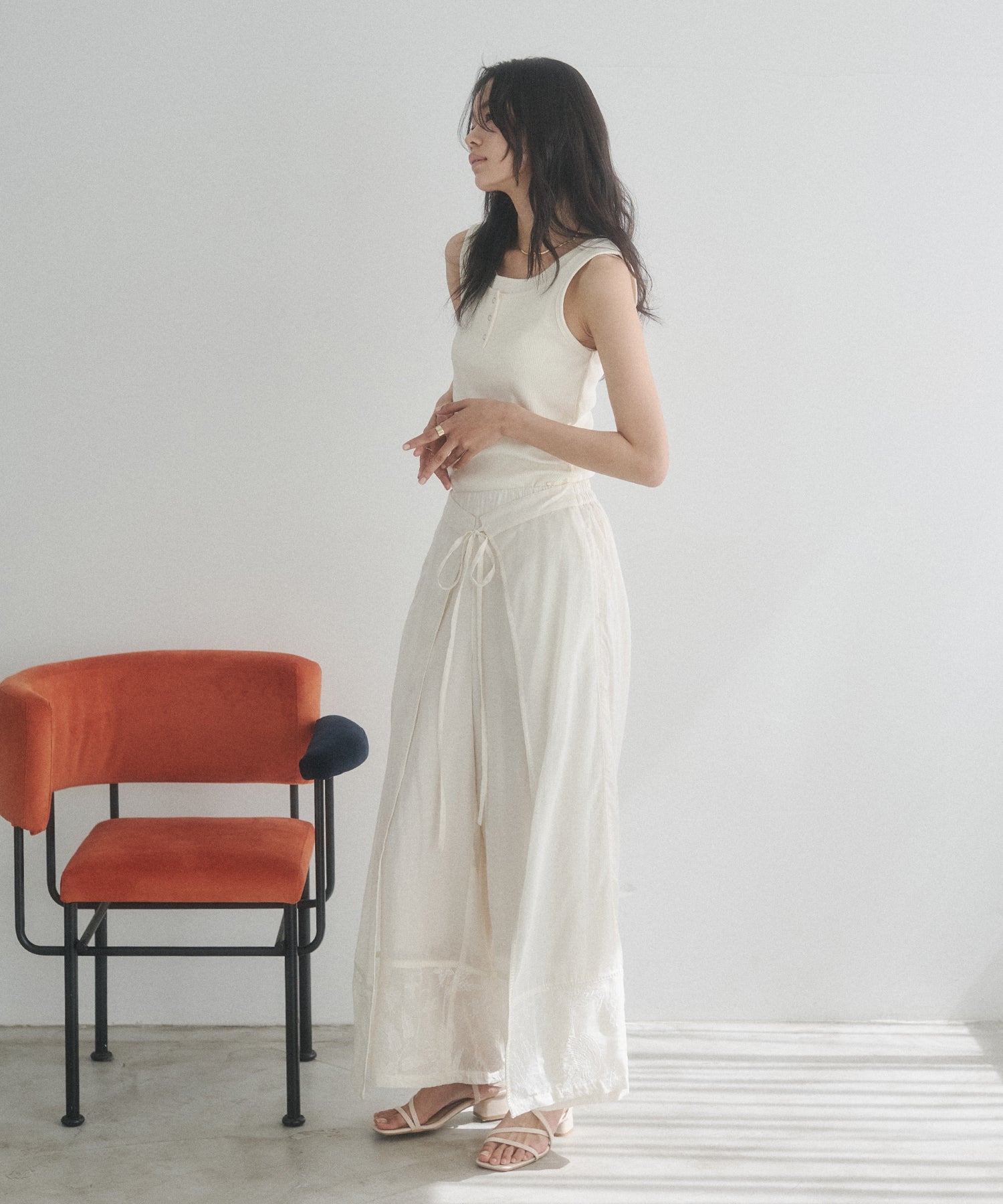 HEM-EMBROIDERED WRAP PANTS
