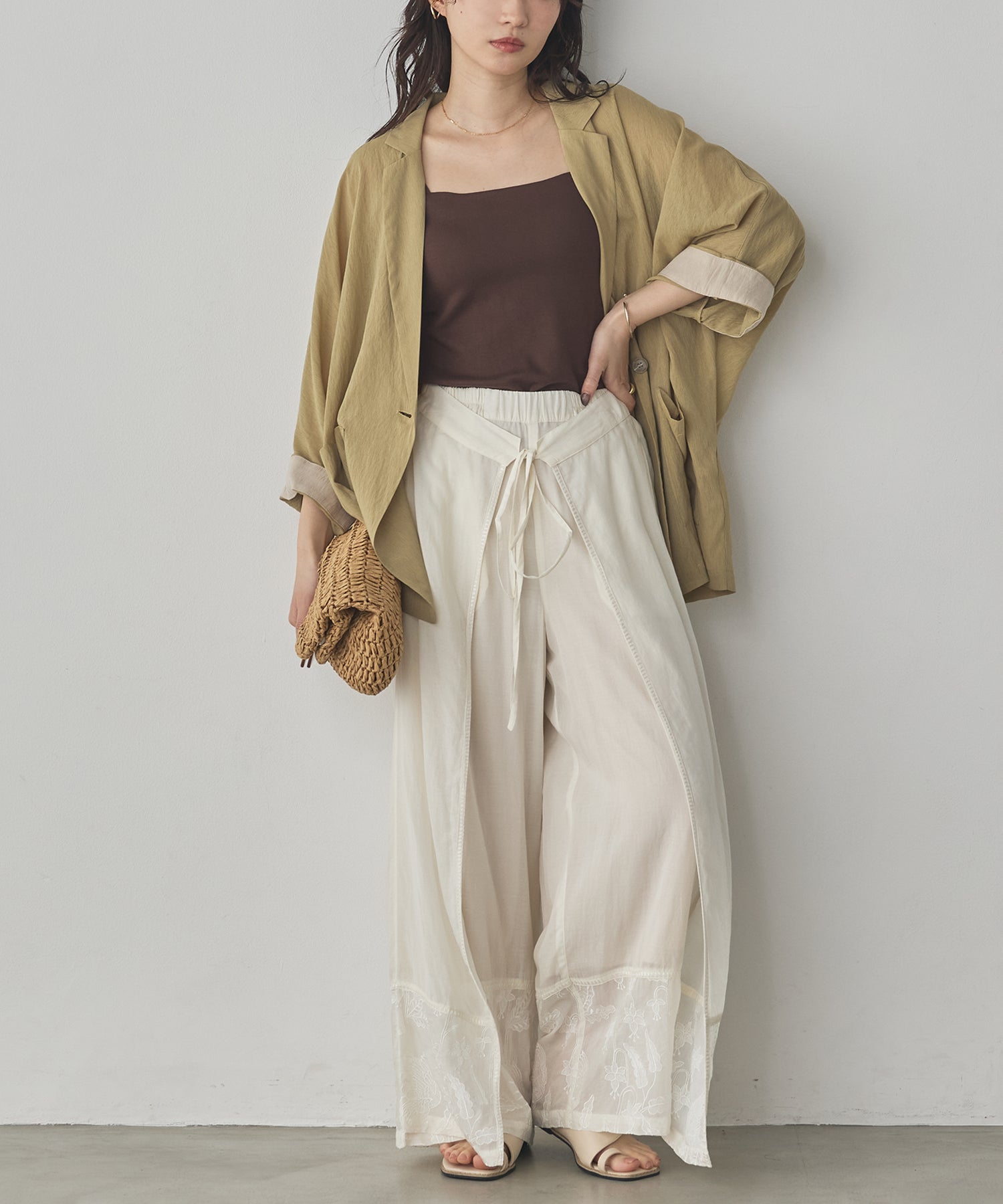 HEM-EMBROIDERED WRAP PANTS