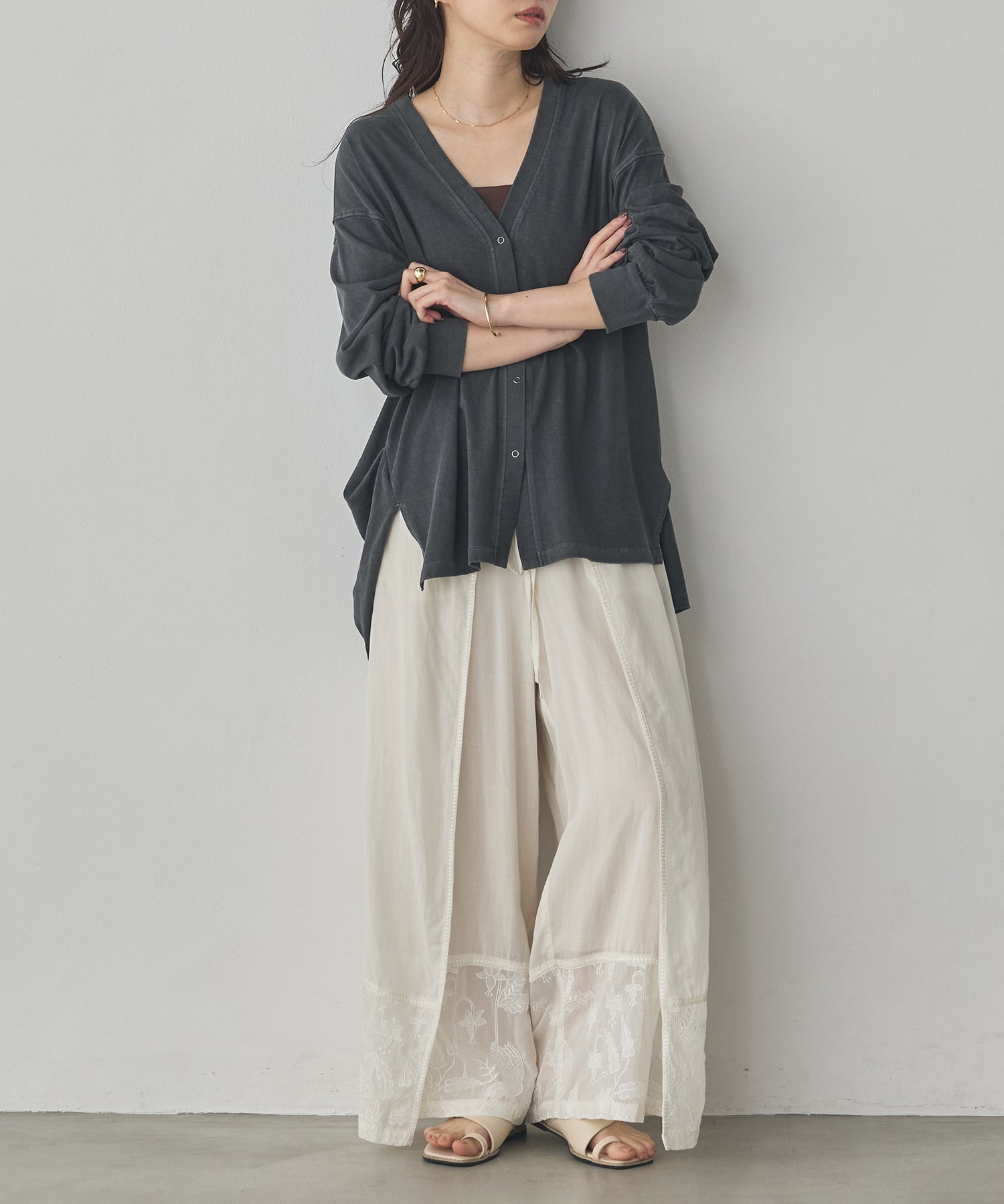 HEM-EMBROIDERED WRAP PANTS