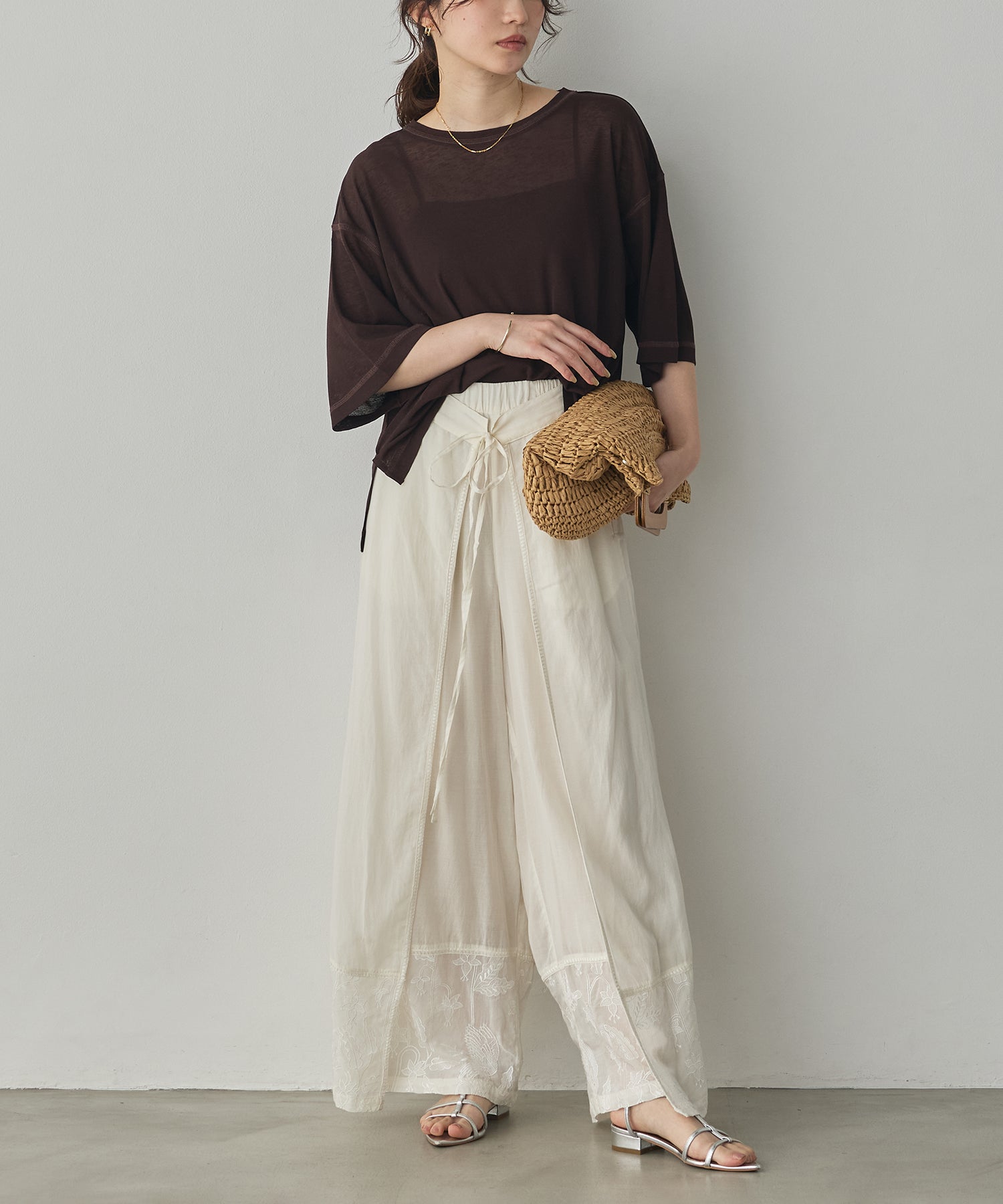 HEM-EMBROIDERED WRAP PANTS