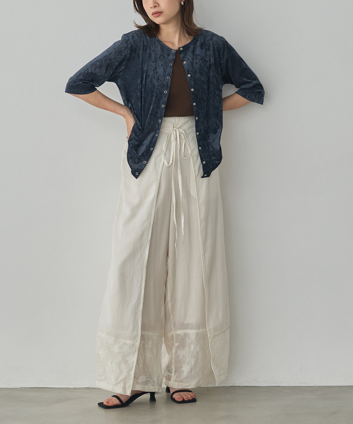 HEM-EMBROIDERED WRAP PANTS