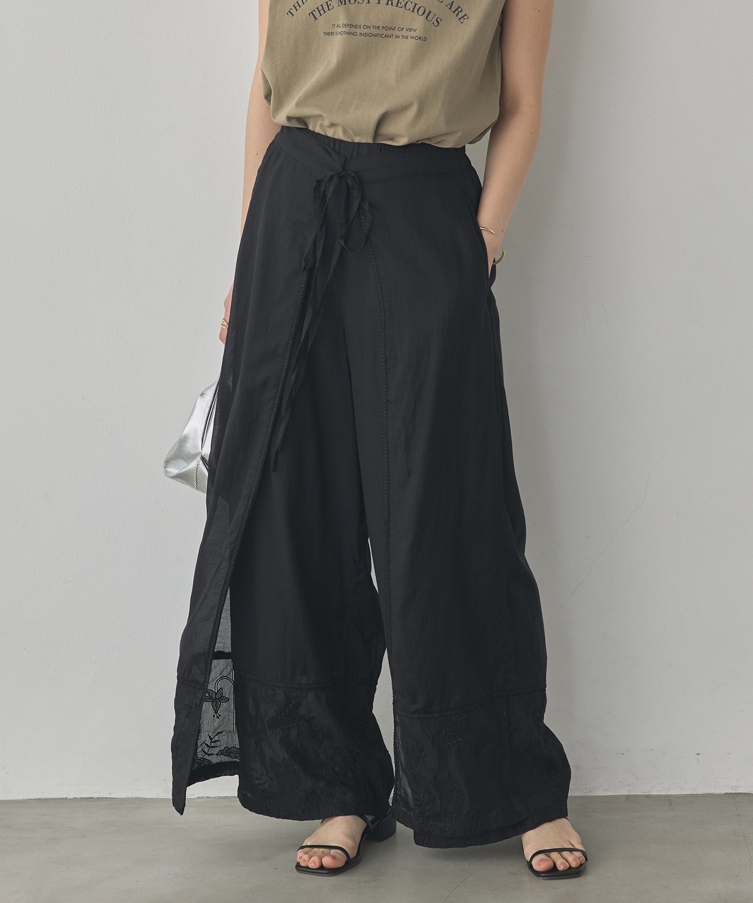 HEM-EMBROIDERED WRAP PANTS