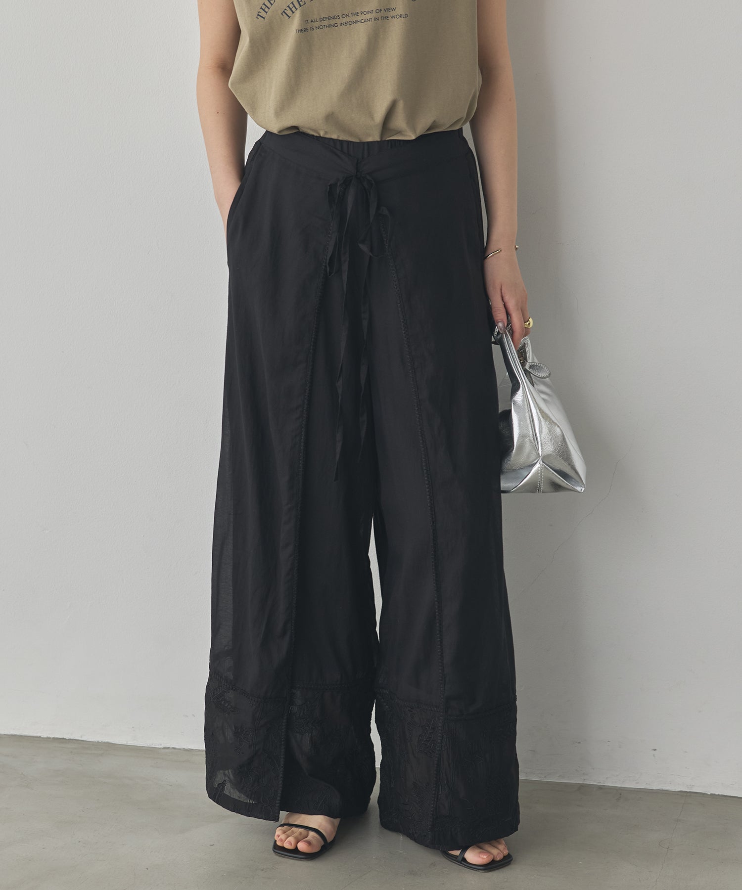 HEM-EMBROIDERED WRAP PANTS