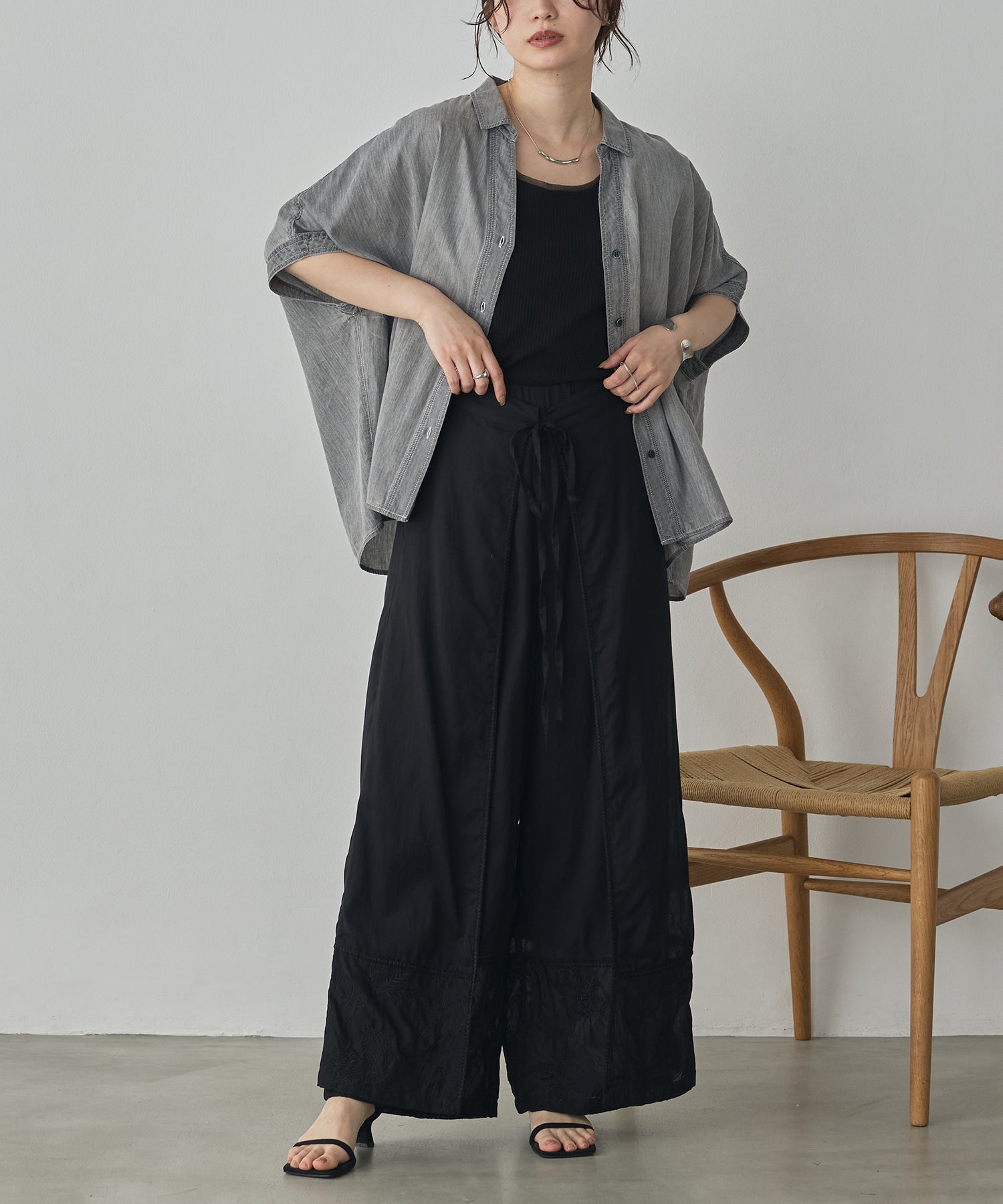 HEM-EMBROIDERED WRAP PANTS