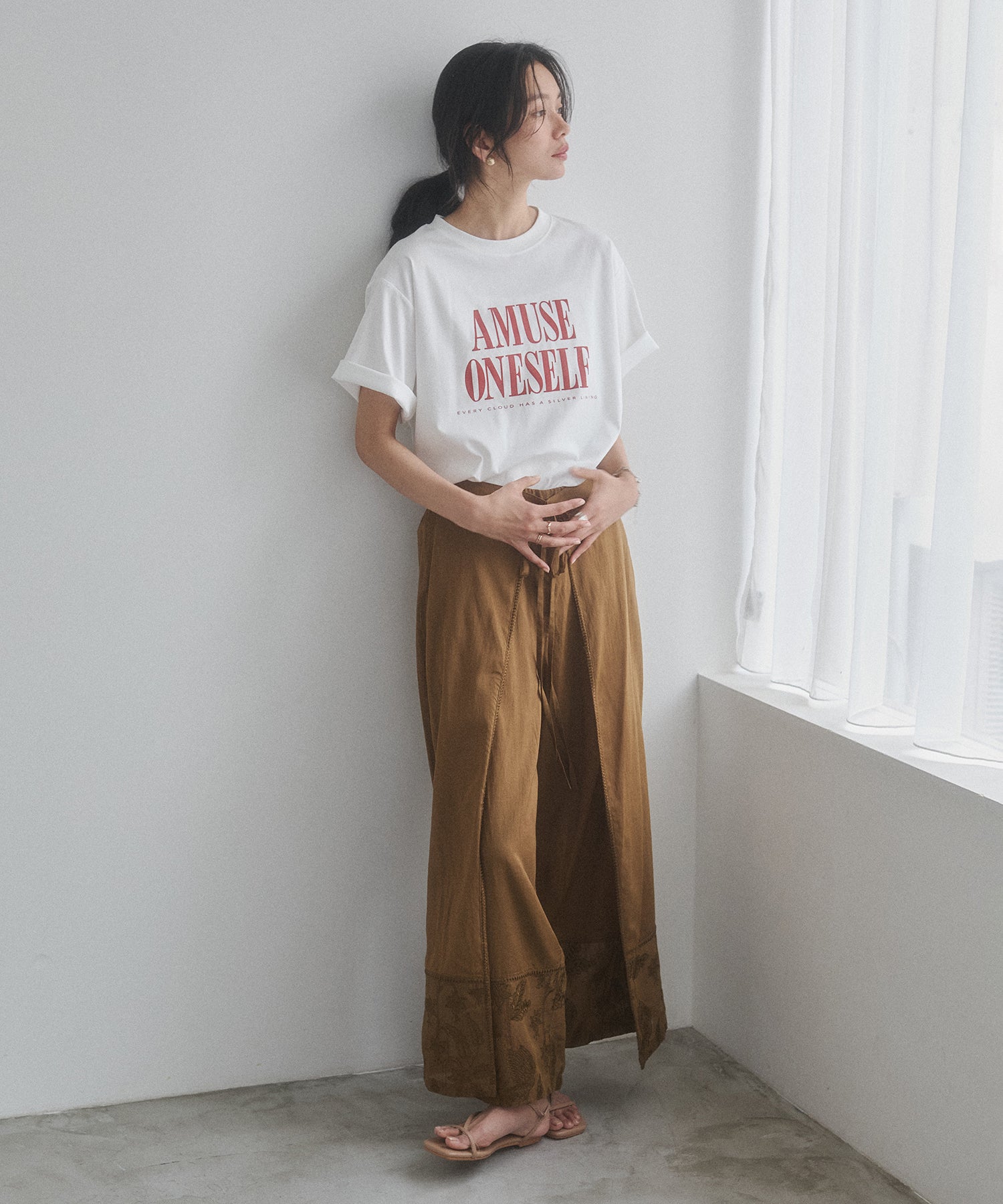 HEM-EMBROIDERED WRAP PANTS