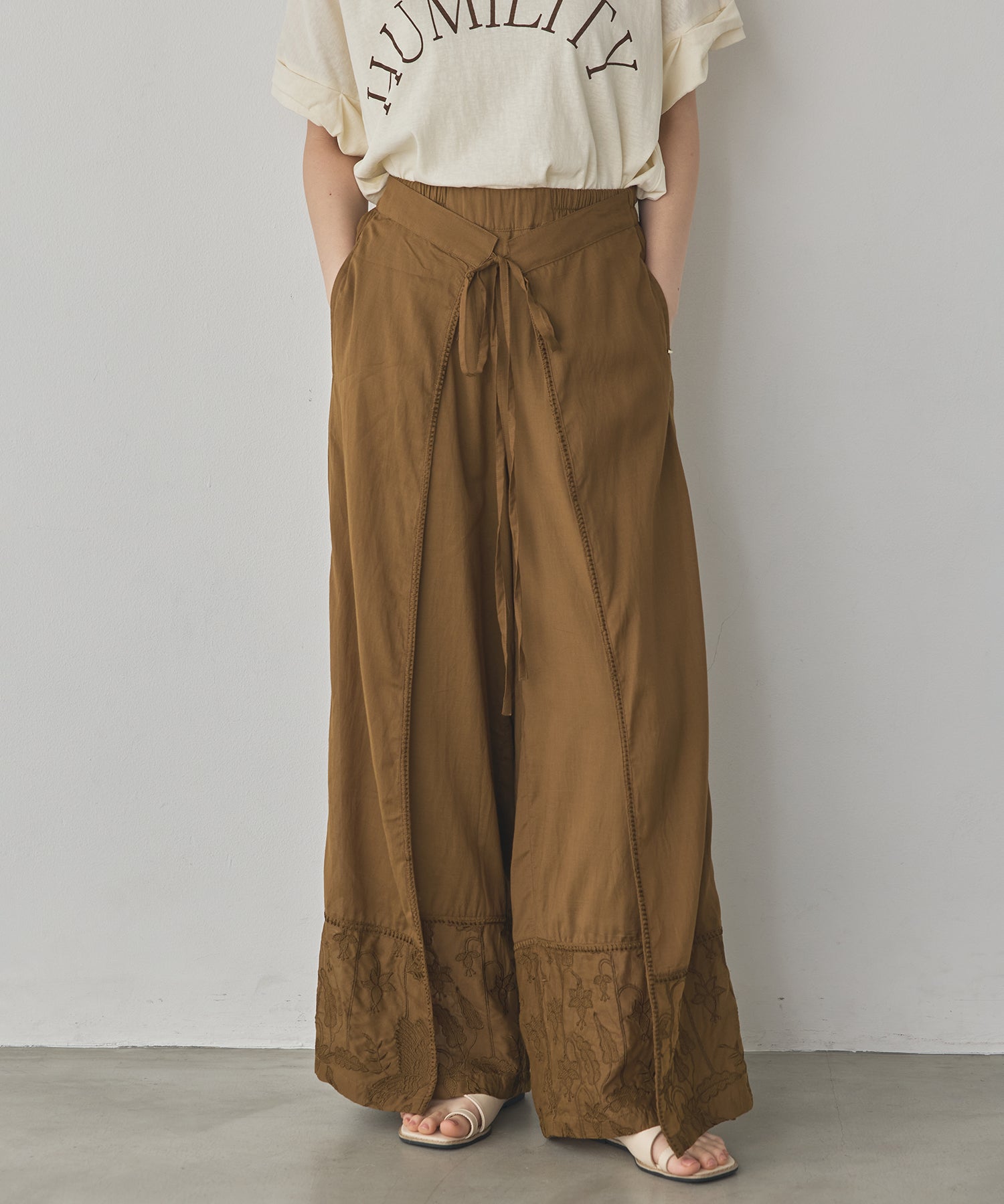 HEM-EMBROIDERED WRAP PANTS