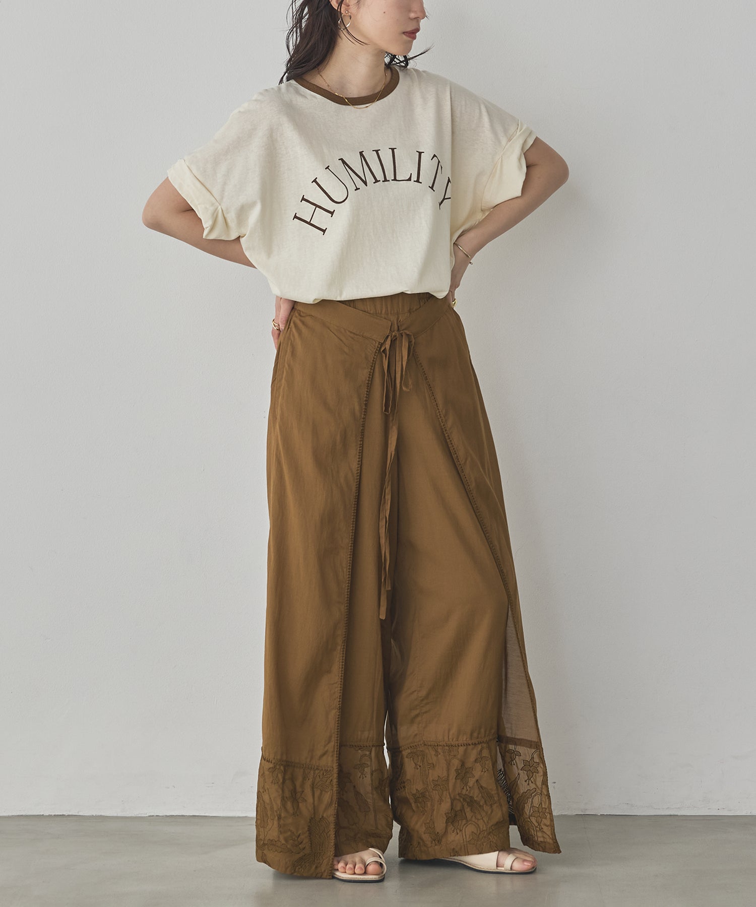 HEM-EMBROIDERED WRAP PANTS