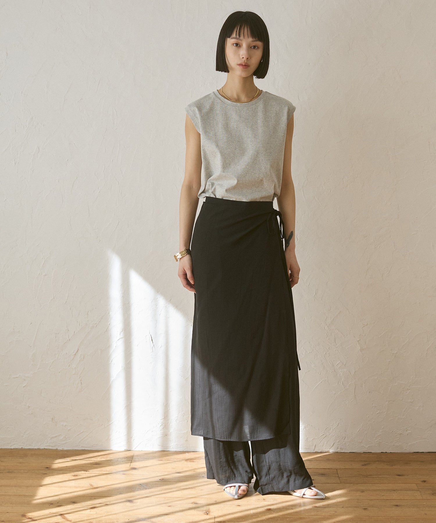 [LIMITED]WASH-SATIN LAYERED SKIRT/PANTS