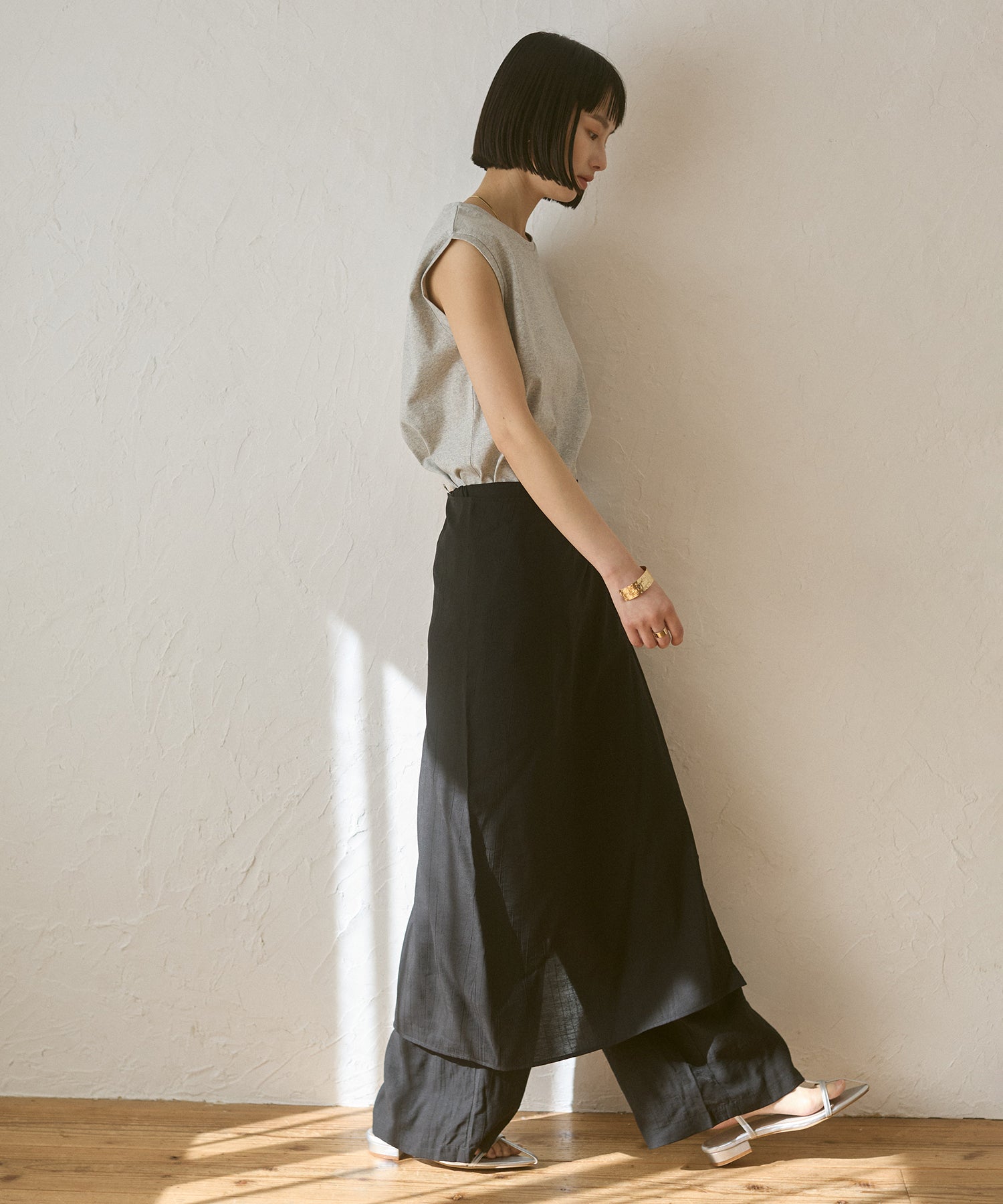 [LIMITED]WASH-SATIN LAYERED SKIRT/PANTS