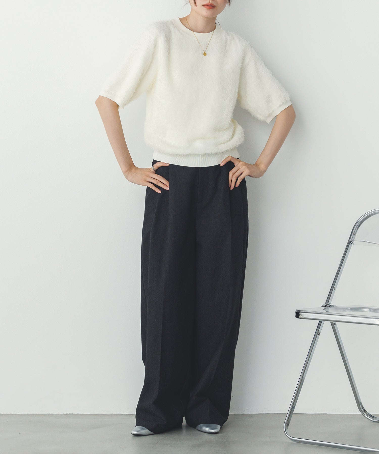 麻混メランジ タックパンツ