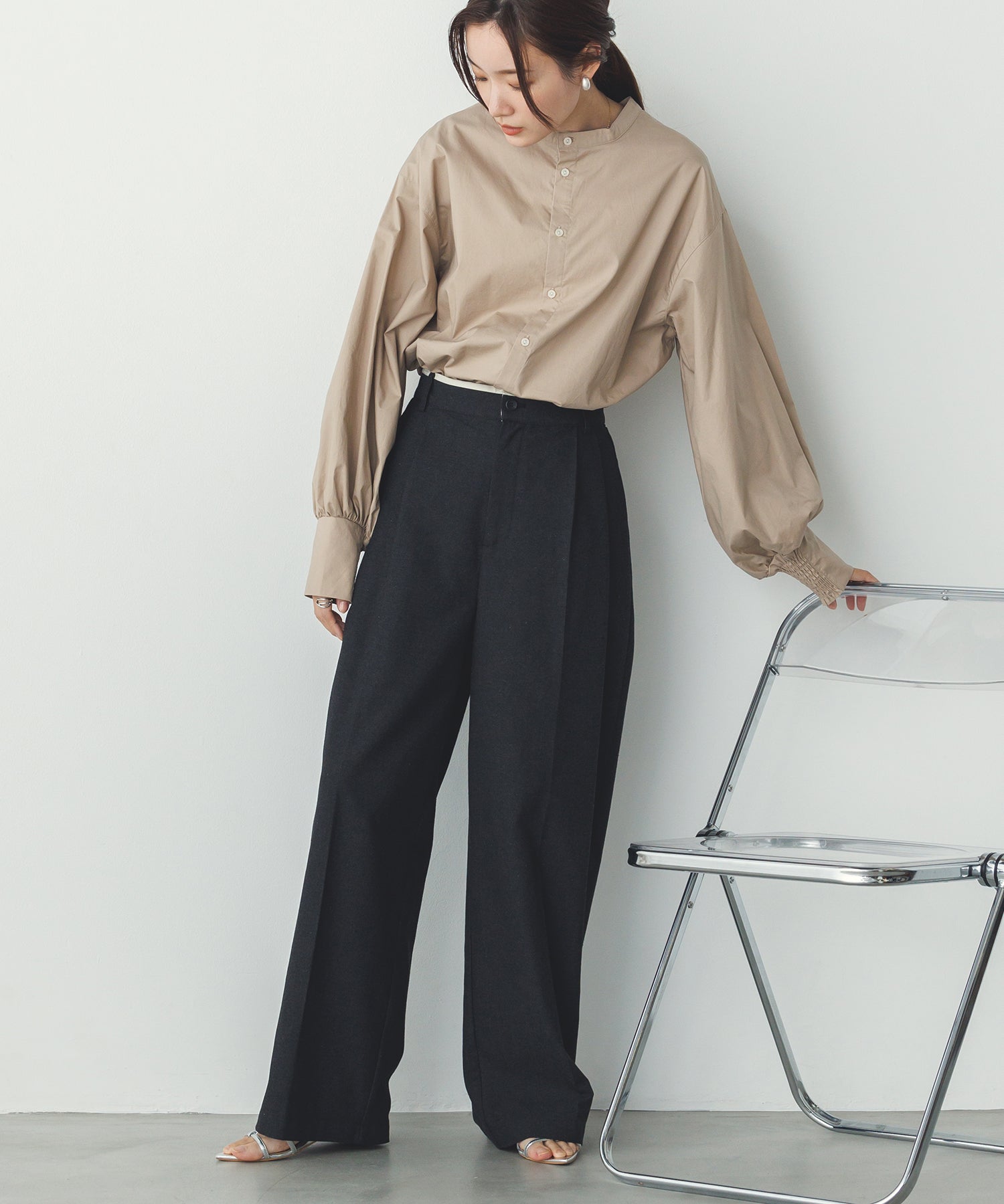 麻混メランジ タックパンツ