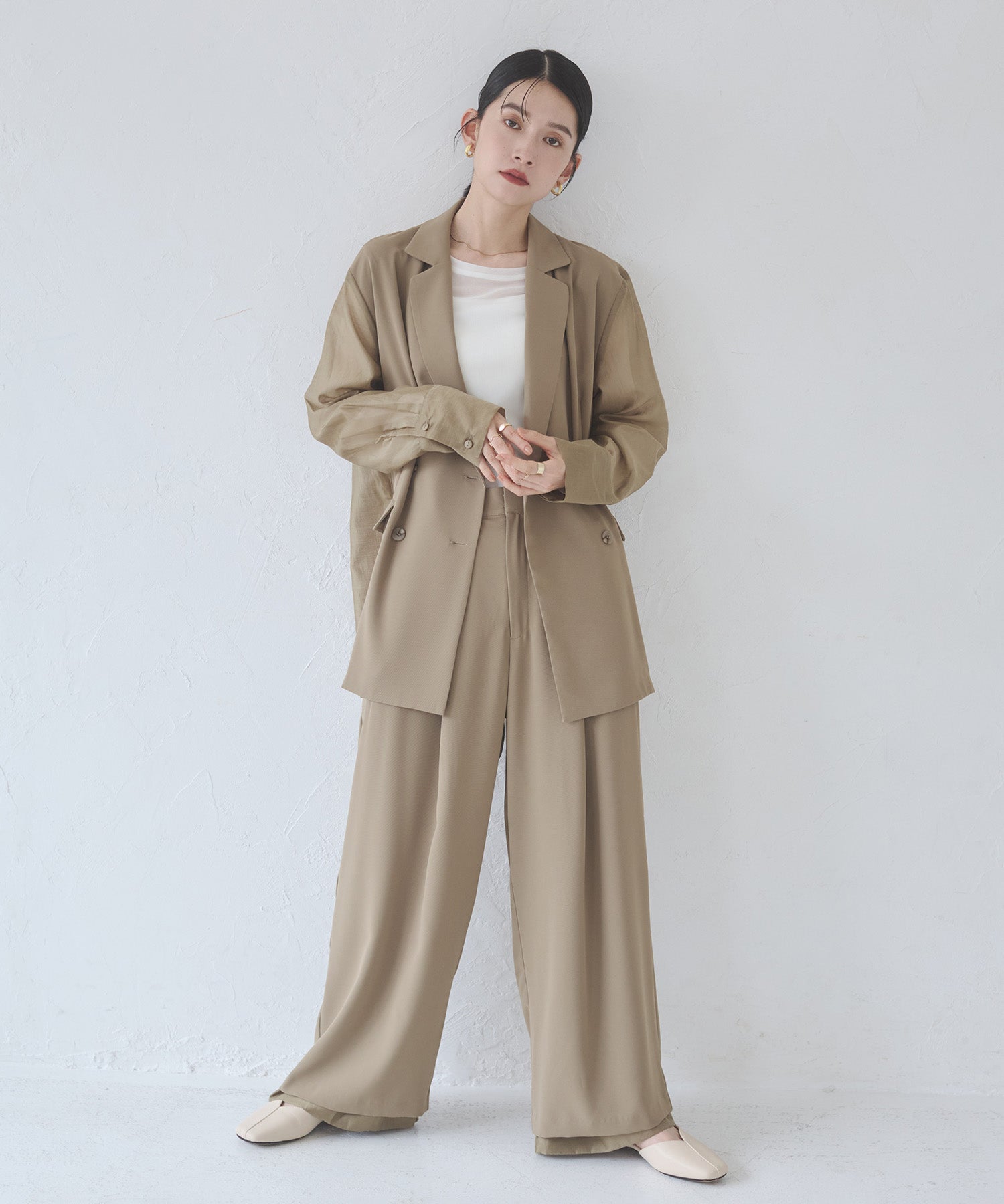 Poly Twill Sheer Wide Straight Pants