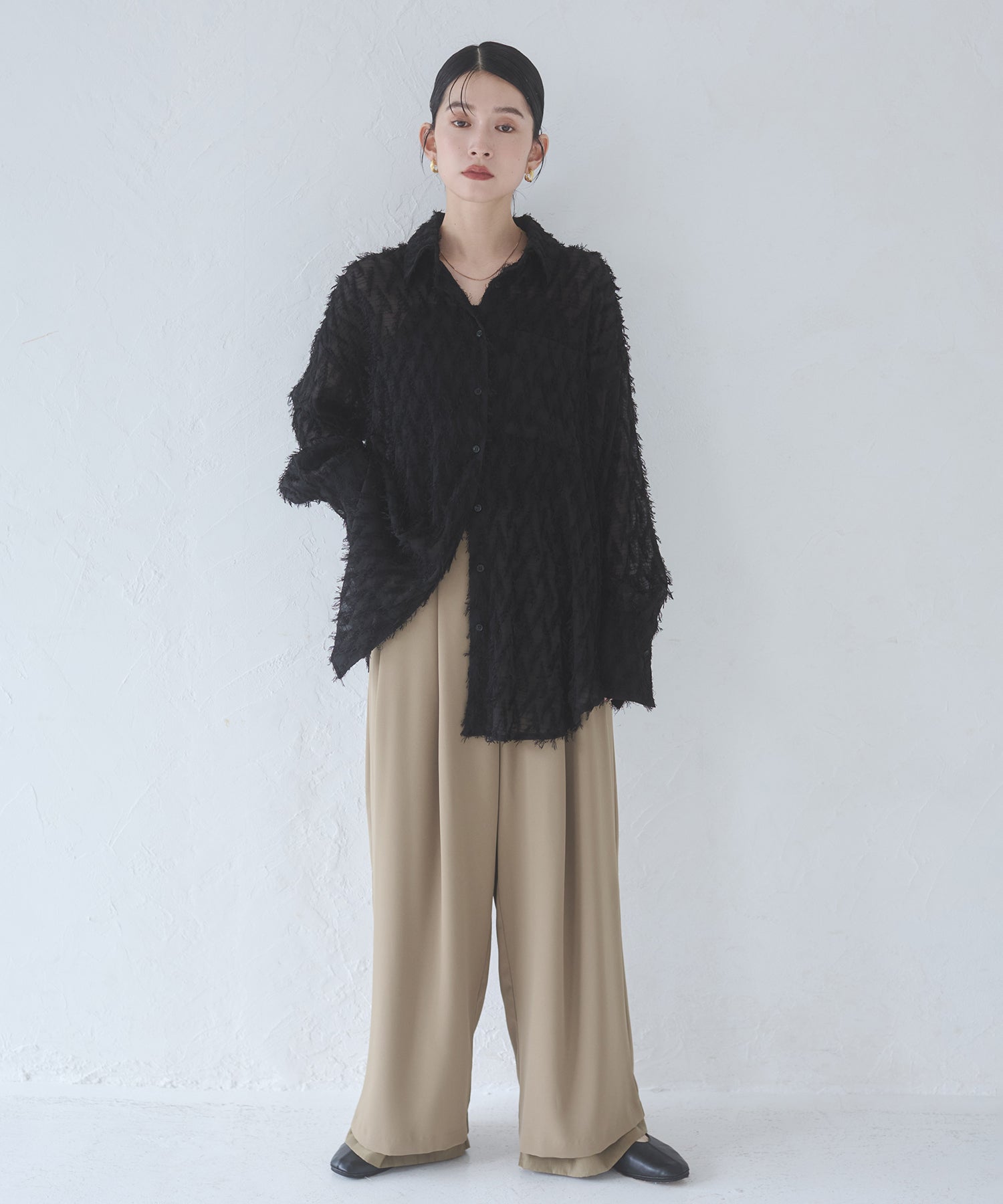 POLY TWILL SHEER WIDE STRAIGHT PANTS