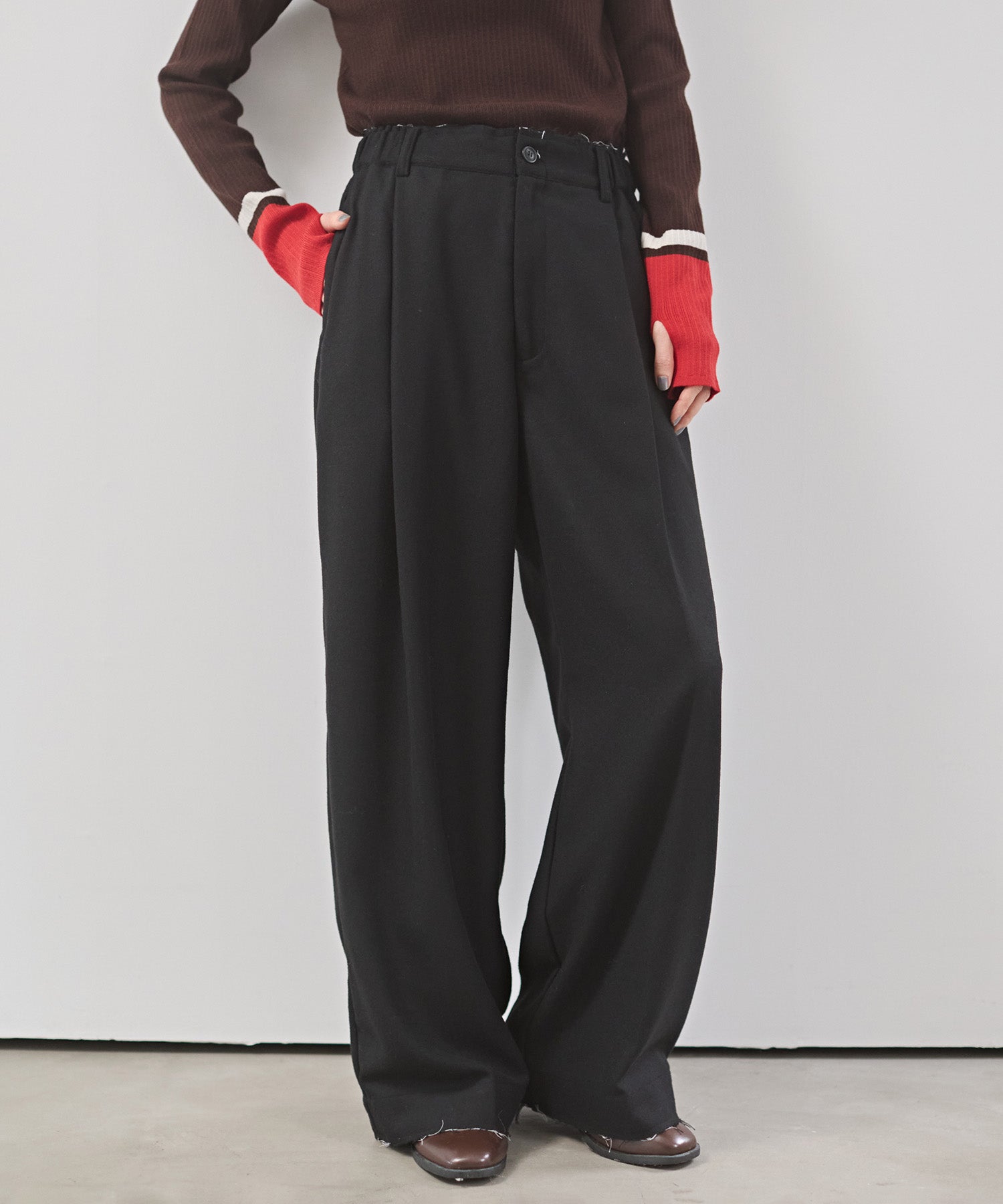 ウール混 ワイドタックパンツ