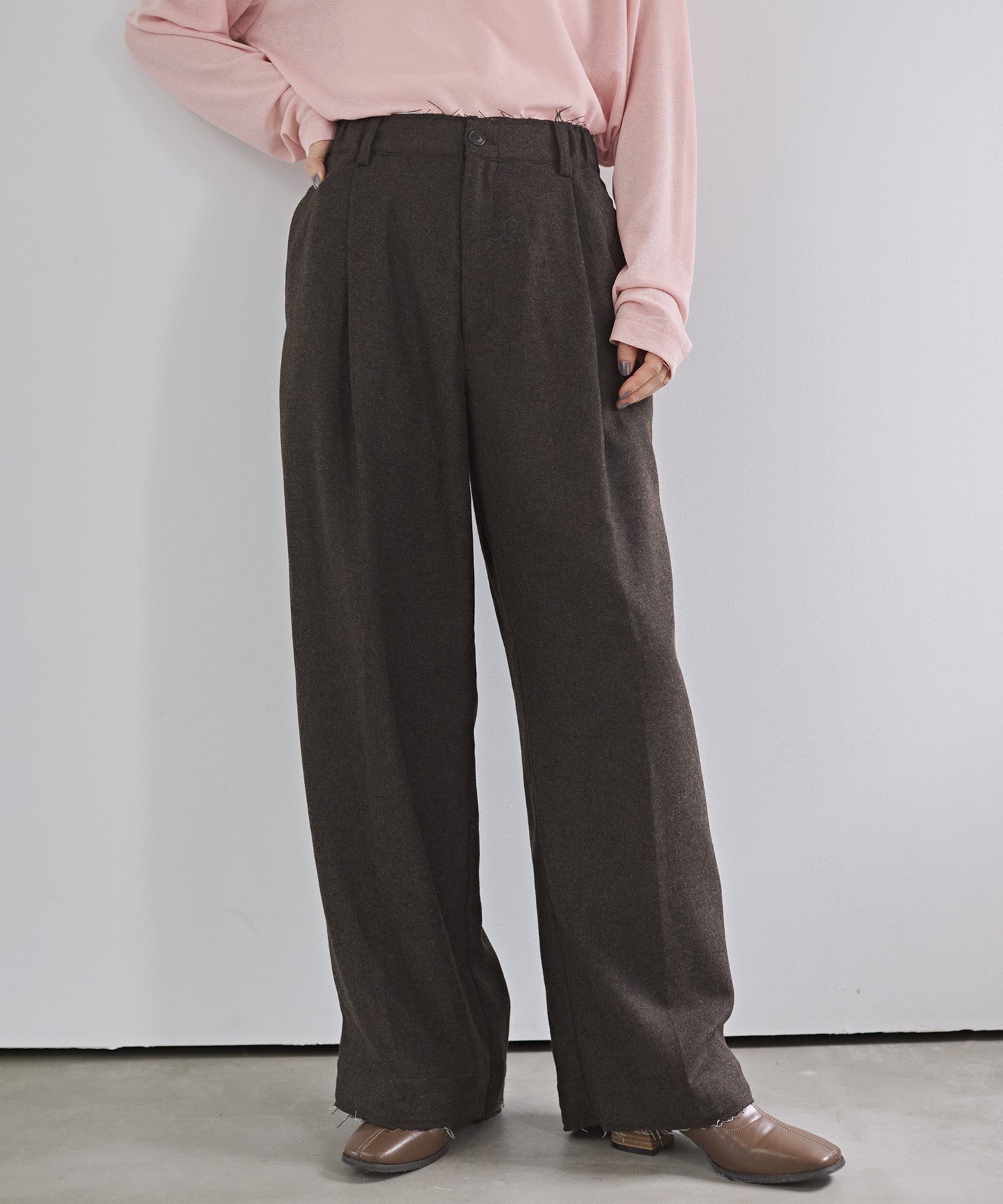 ウール混 ワイドタックパンツ