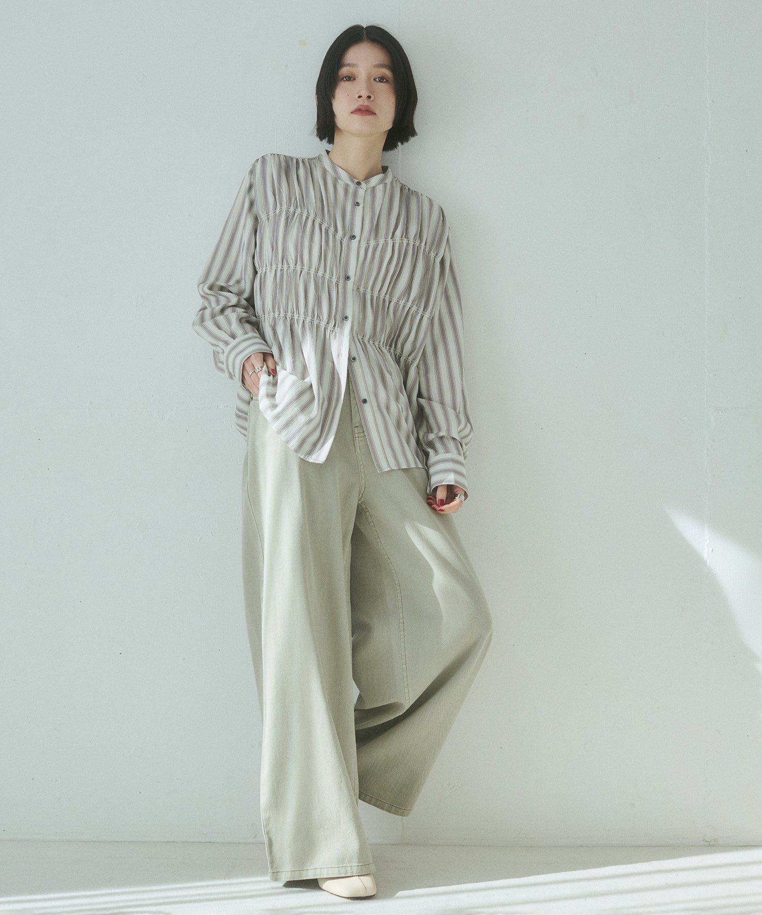 DENIM/TWILL WAIST SWITCH WIDE PANTS