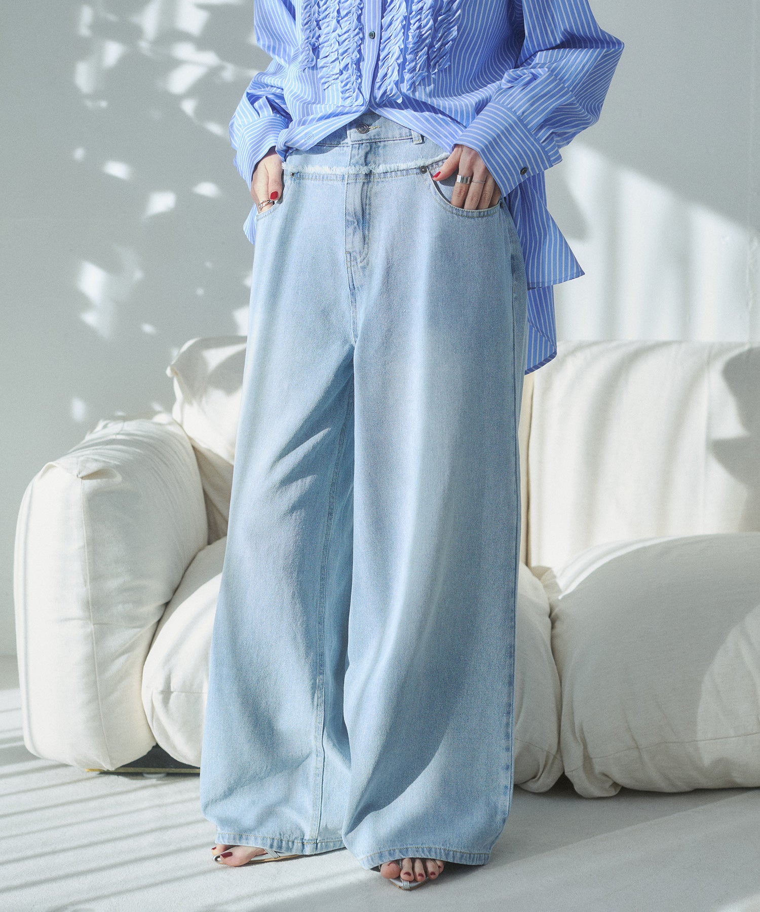 デニム/ツイル ウエスト切替 ワイドパンツ