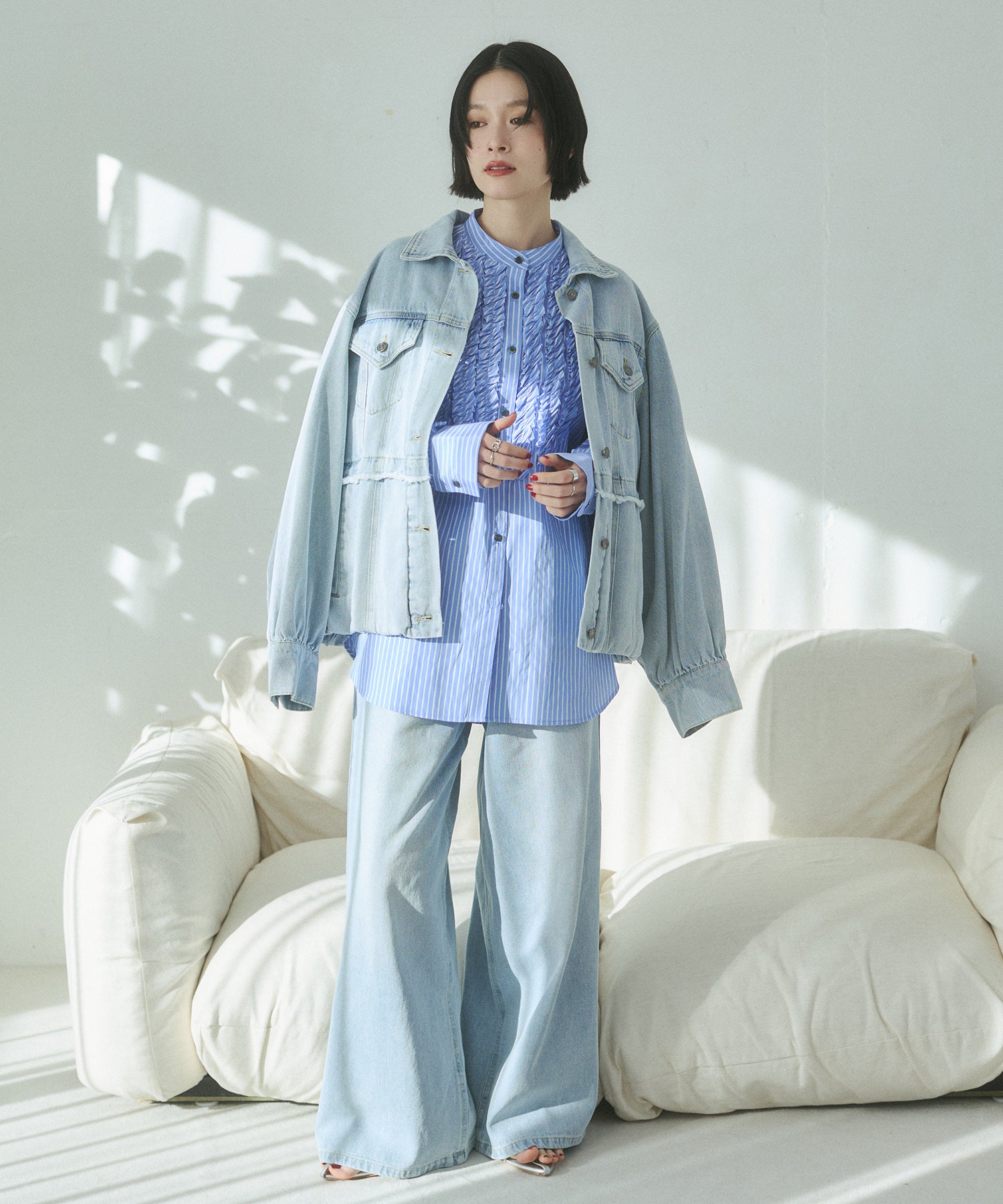 DENIM/TWILL WAIST SWITCH WIDE PANTS