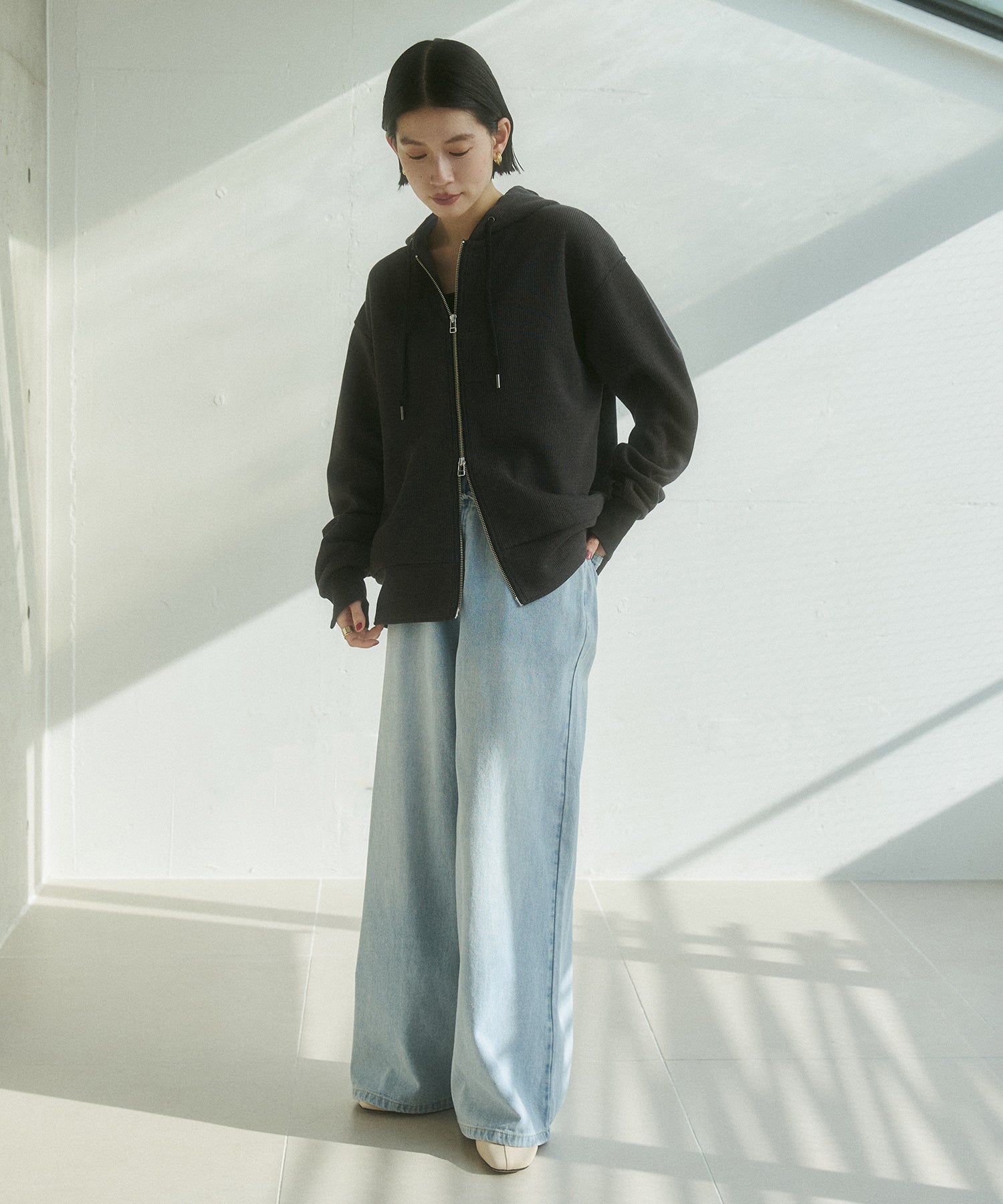 DENIM/TWILL WAIST SWITCH WIDE PANTS