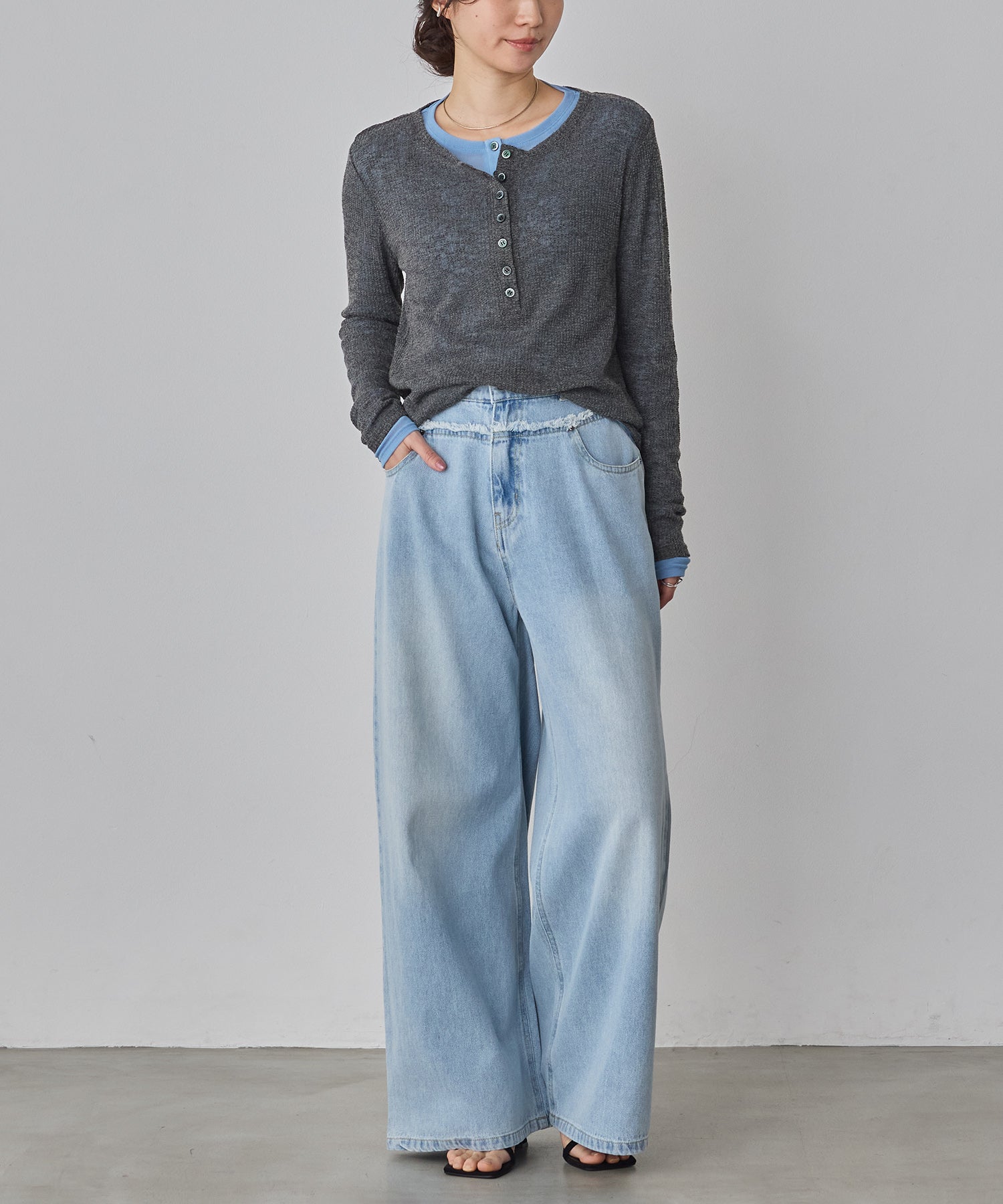 DENIM/TWILL WAIST SWITCH WIDE PANTS