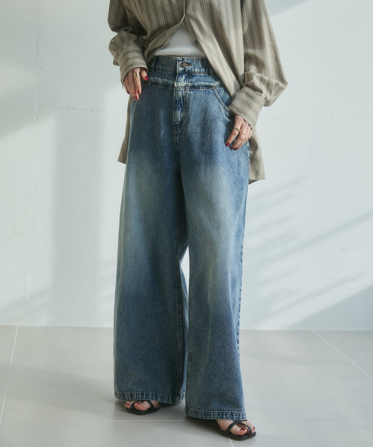 DENIM/TWILL WAIST SWITCH WIDE PANTS
