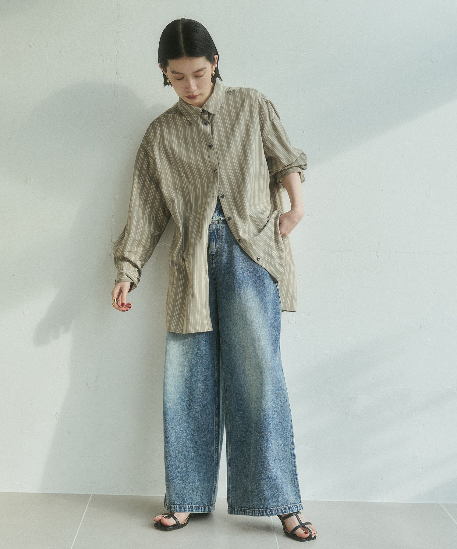 DENIM/TWILL WAIST SWITCH WIDE PANTS