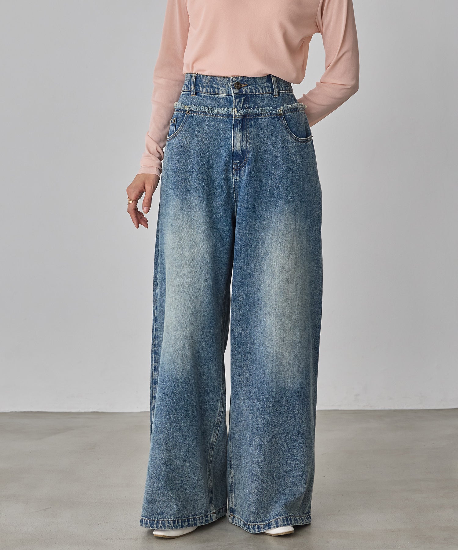 DENIM/TWILL WAIST SWITCH WIDE PANTS