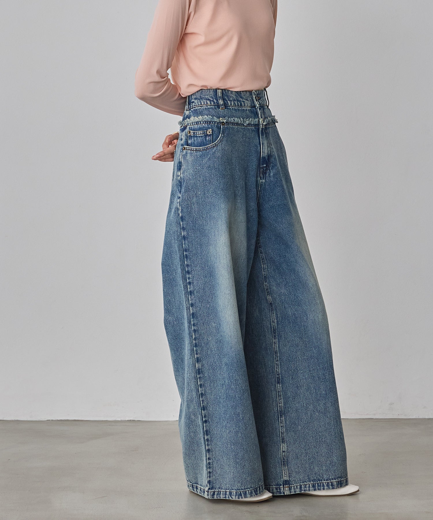 DENIM/TWILL WAIST SWITCH WIDE PANTS