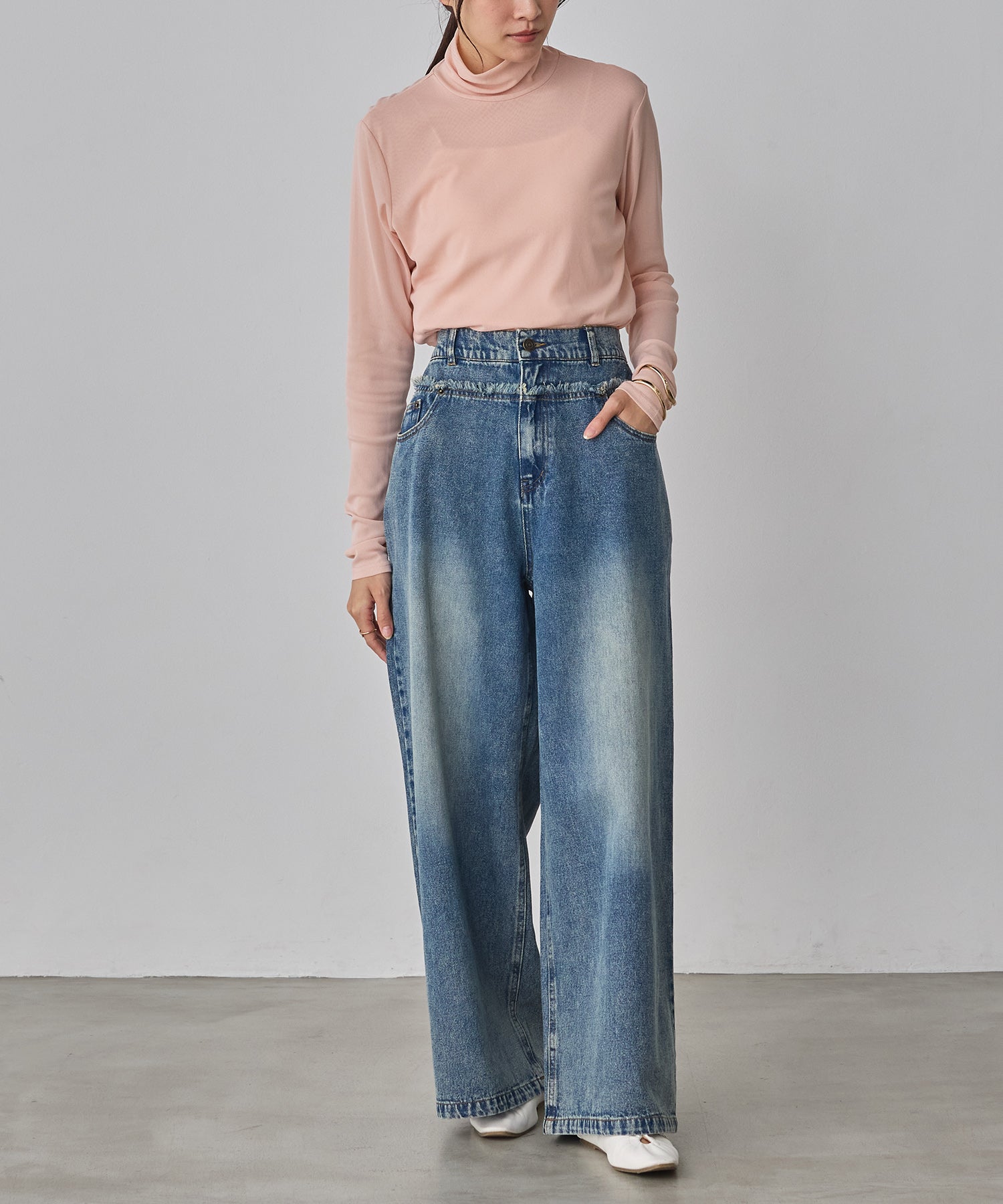 DENIM/TWILL WAIST SWITCH WIDE PANTS