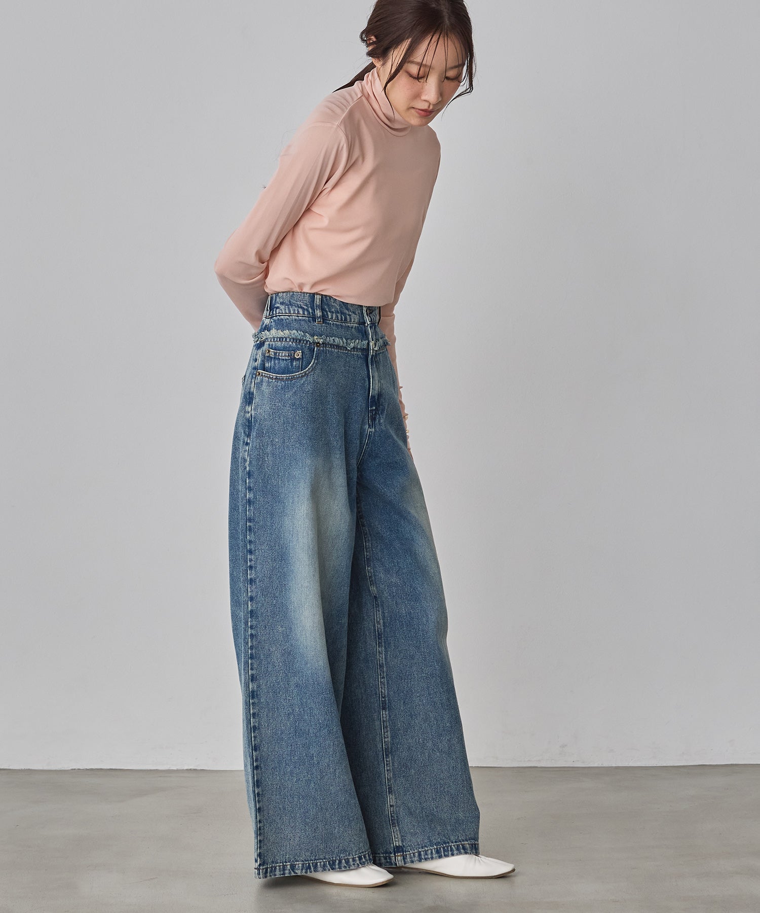 DENIM/TWILL WAIST SWITCH WIDE PANTS