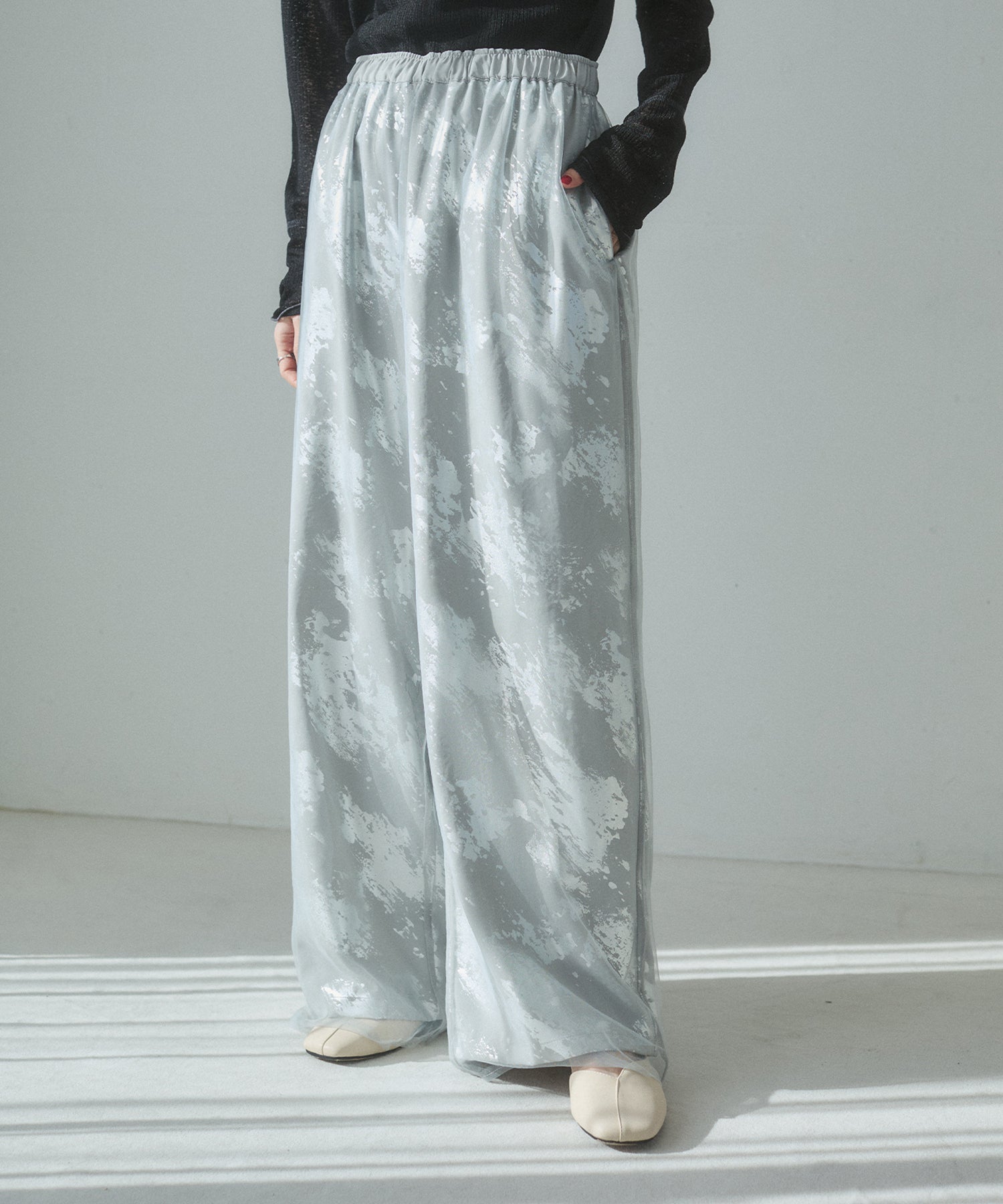 GEORGETTE FOIL PRINT TULLE LAYERED PANTS