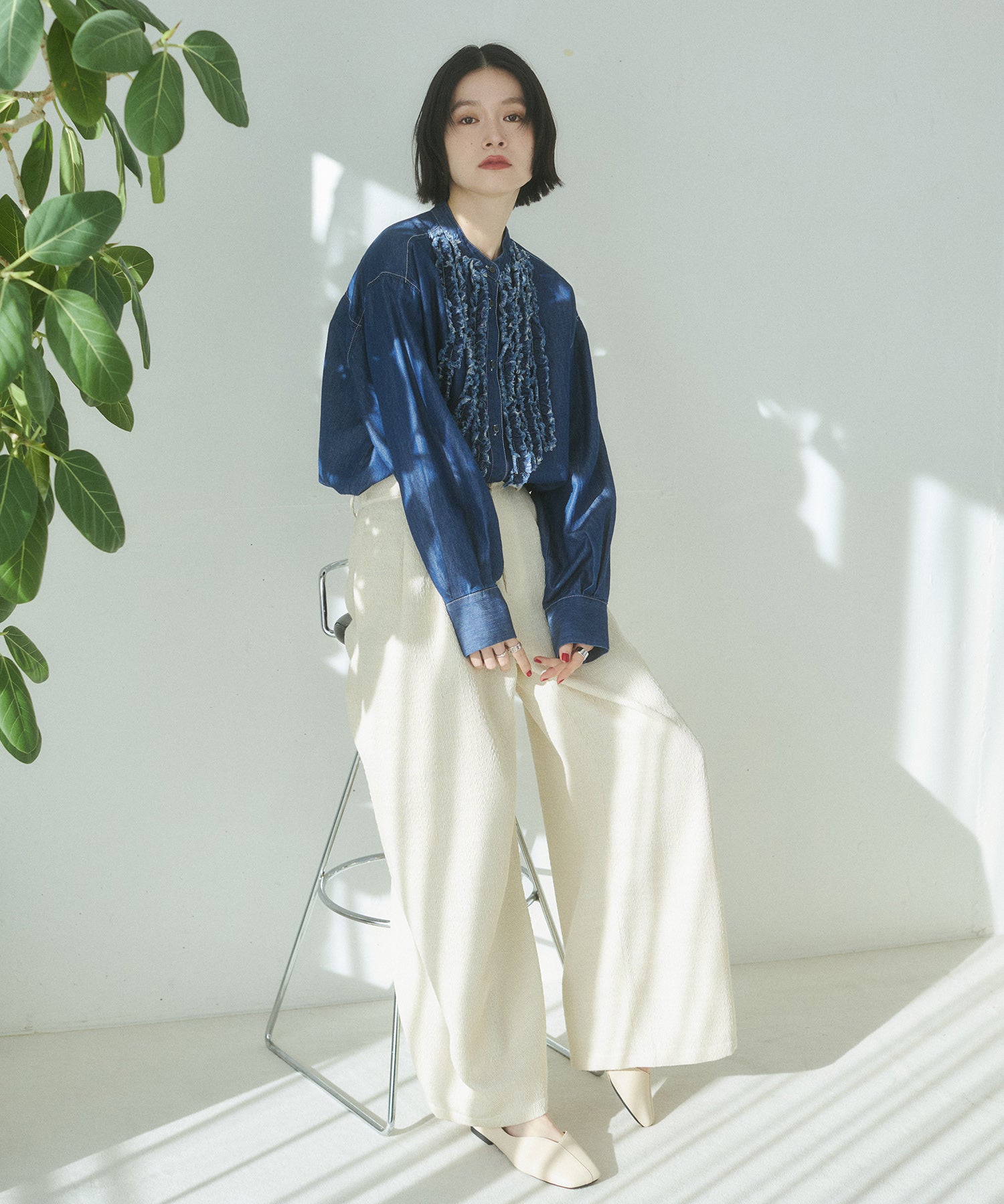 デニムライク ヘリンボーン タックパンツ