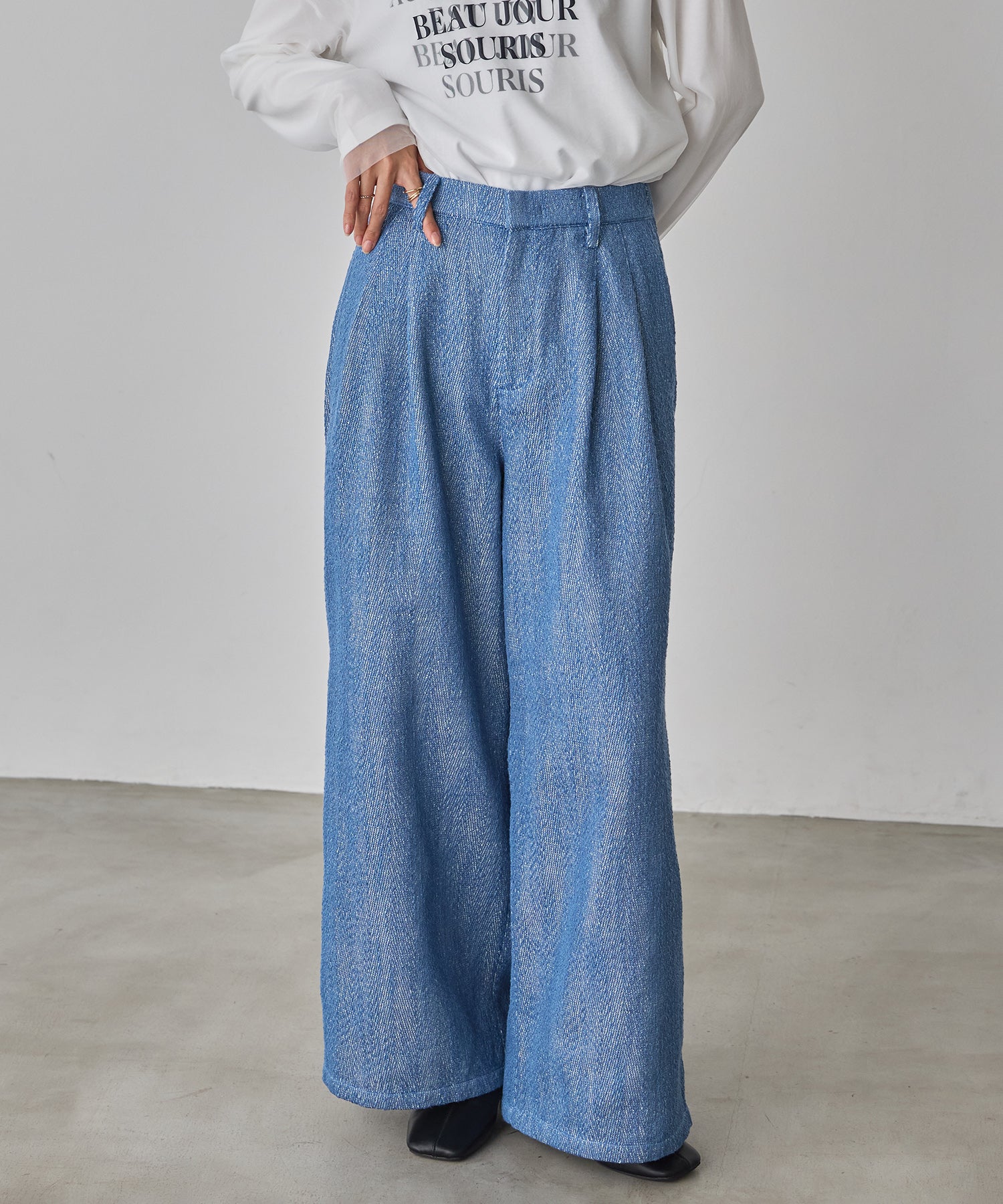 デニムライク ヘリンボーン タックパンツ