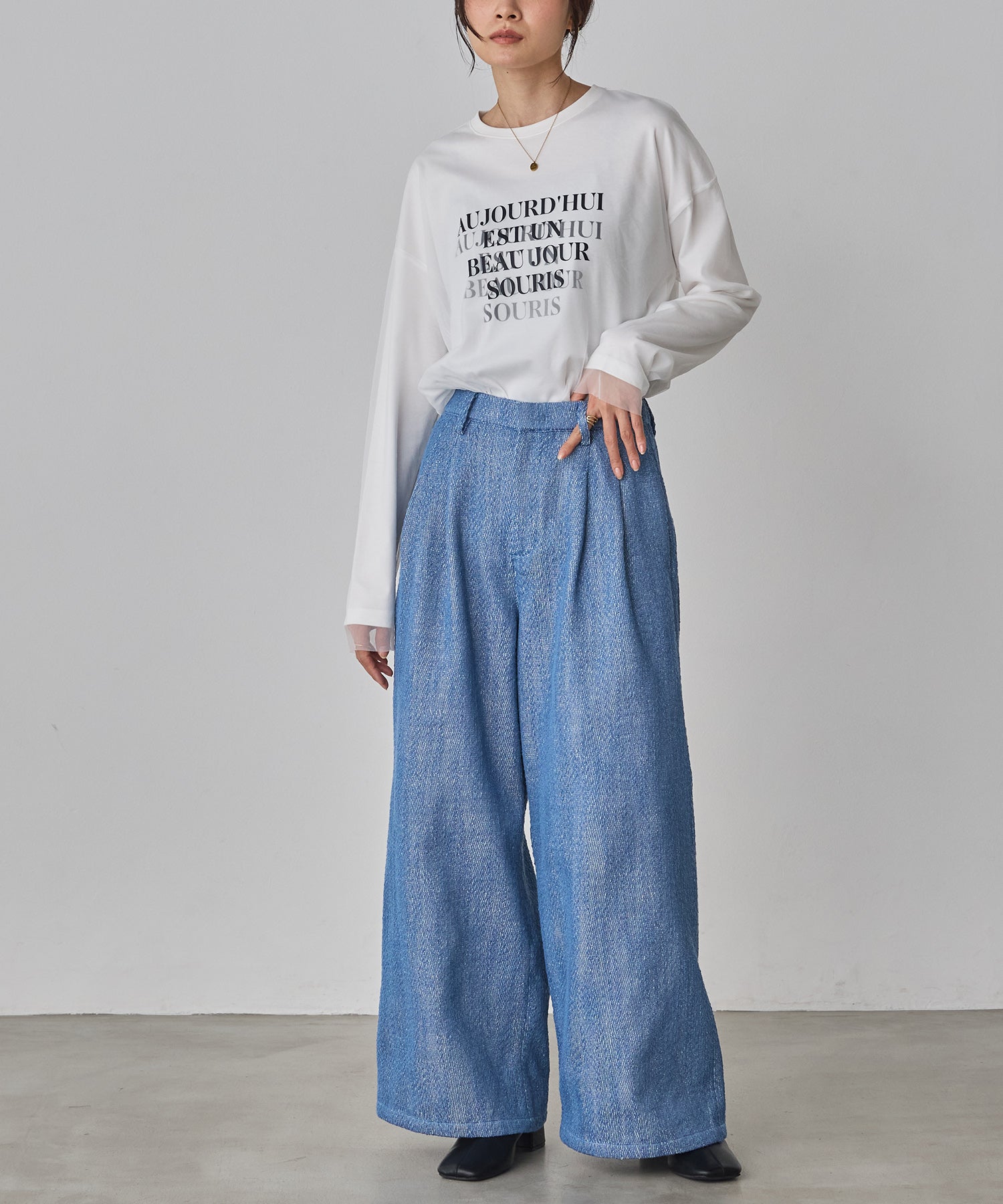 デニムライク ヘリンボーン タックパンツ