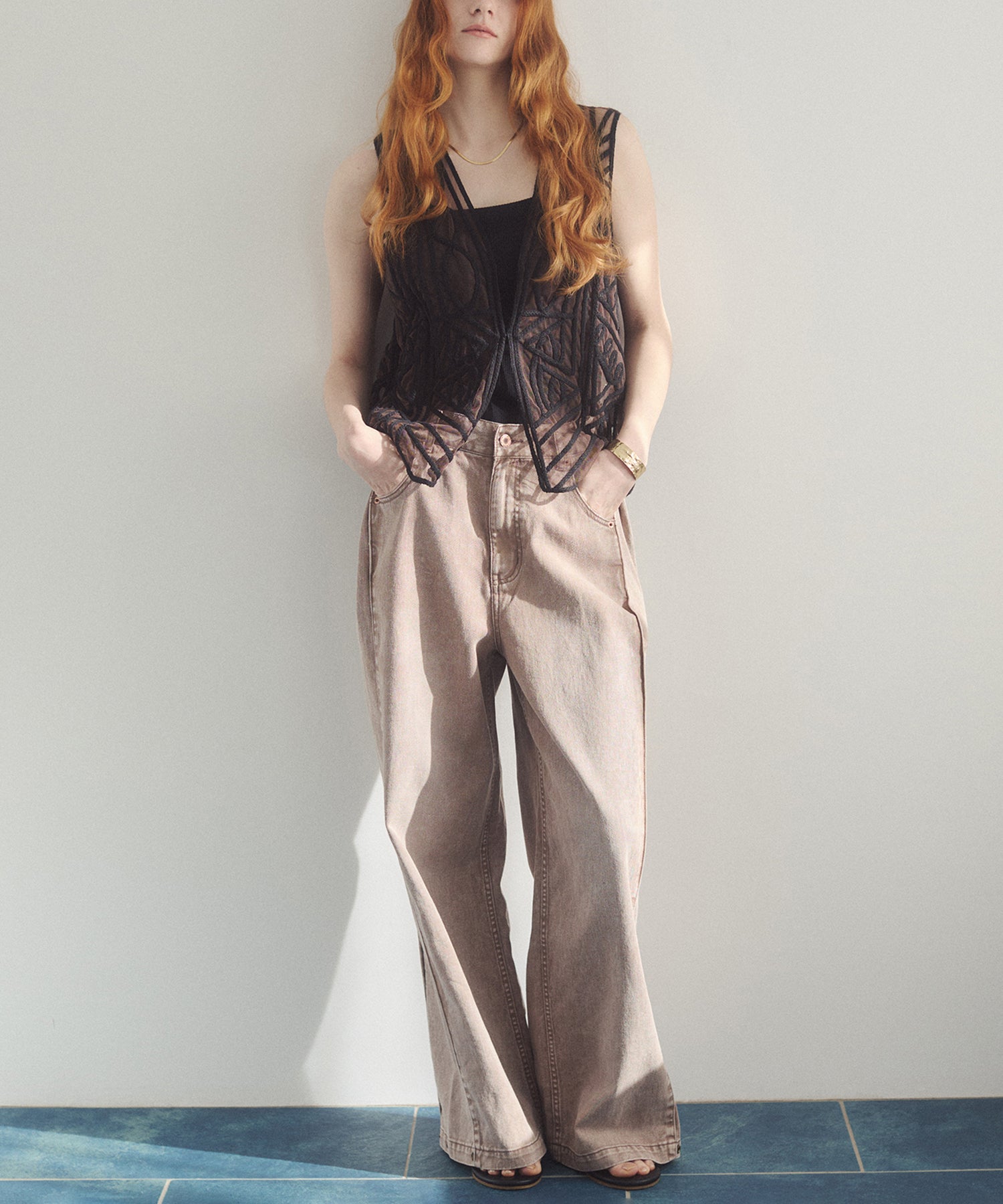DENIM/TWILL SIDE-TUCK PANTS