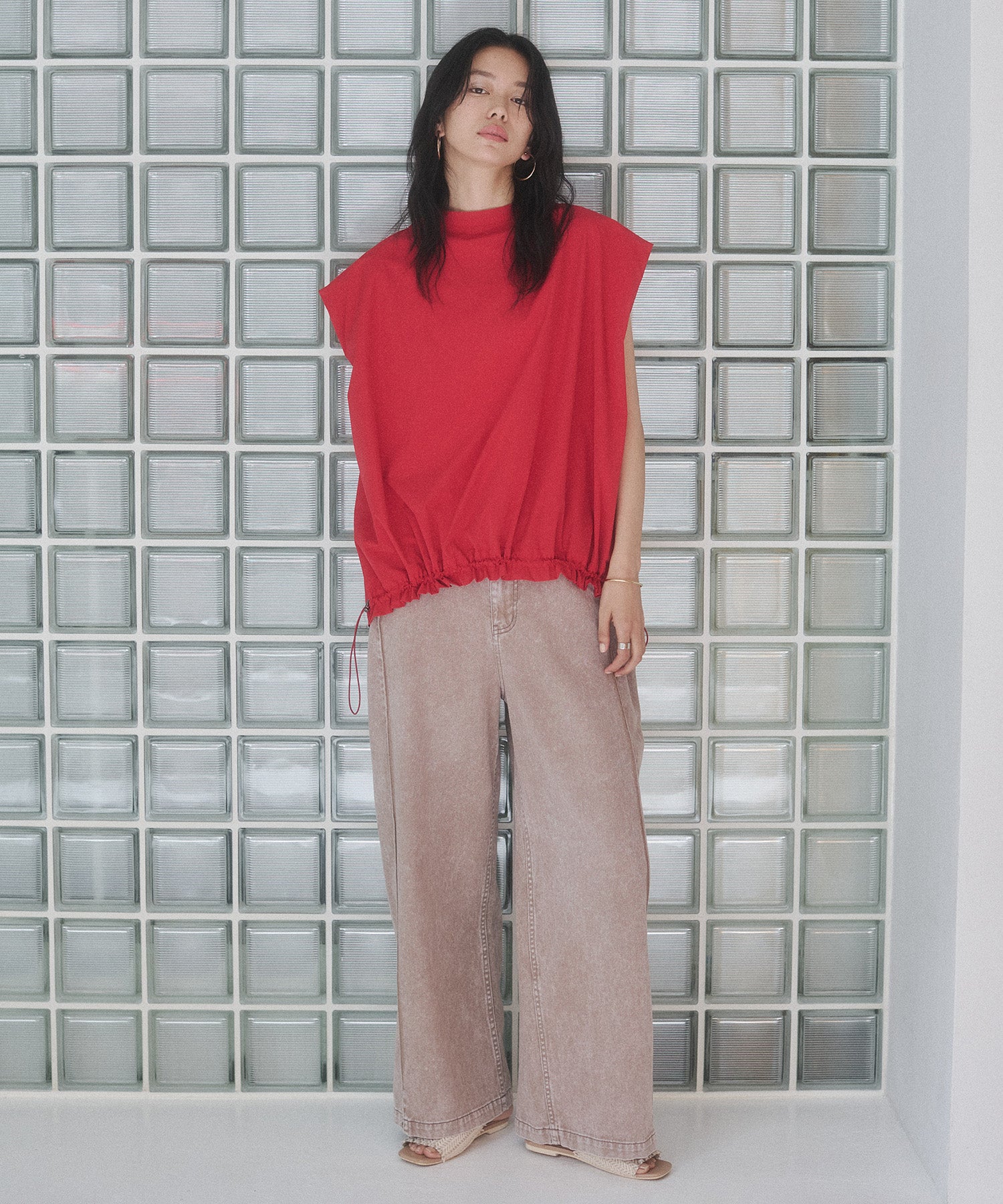 DENIM/TWILL SIDE-TUCK PANTS