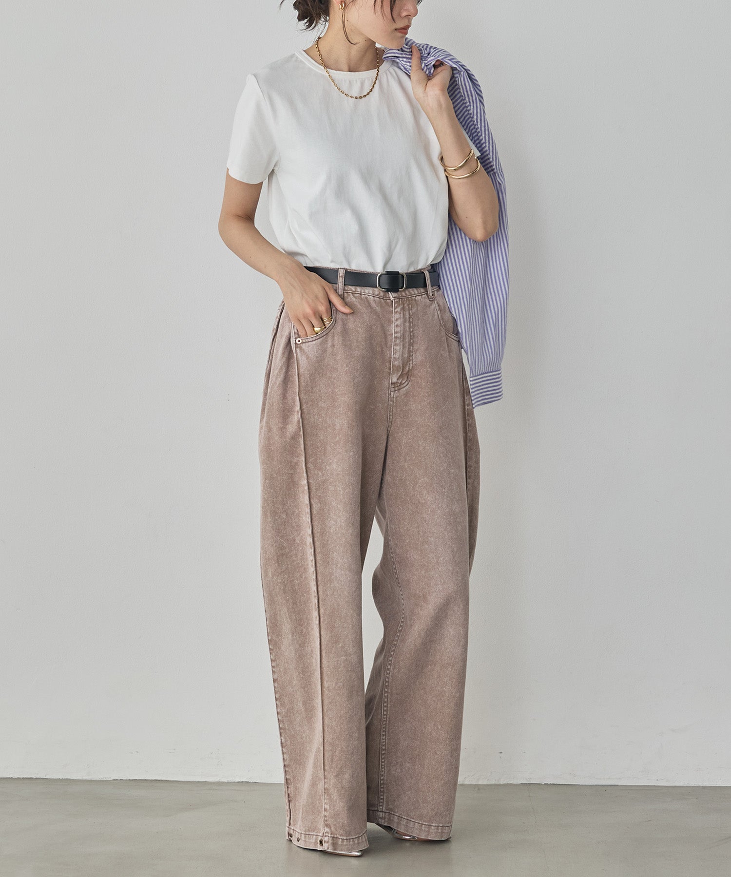DENIM/TWILL SIDE-TUCK PANTS